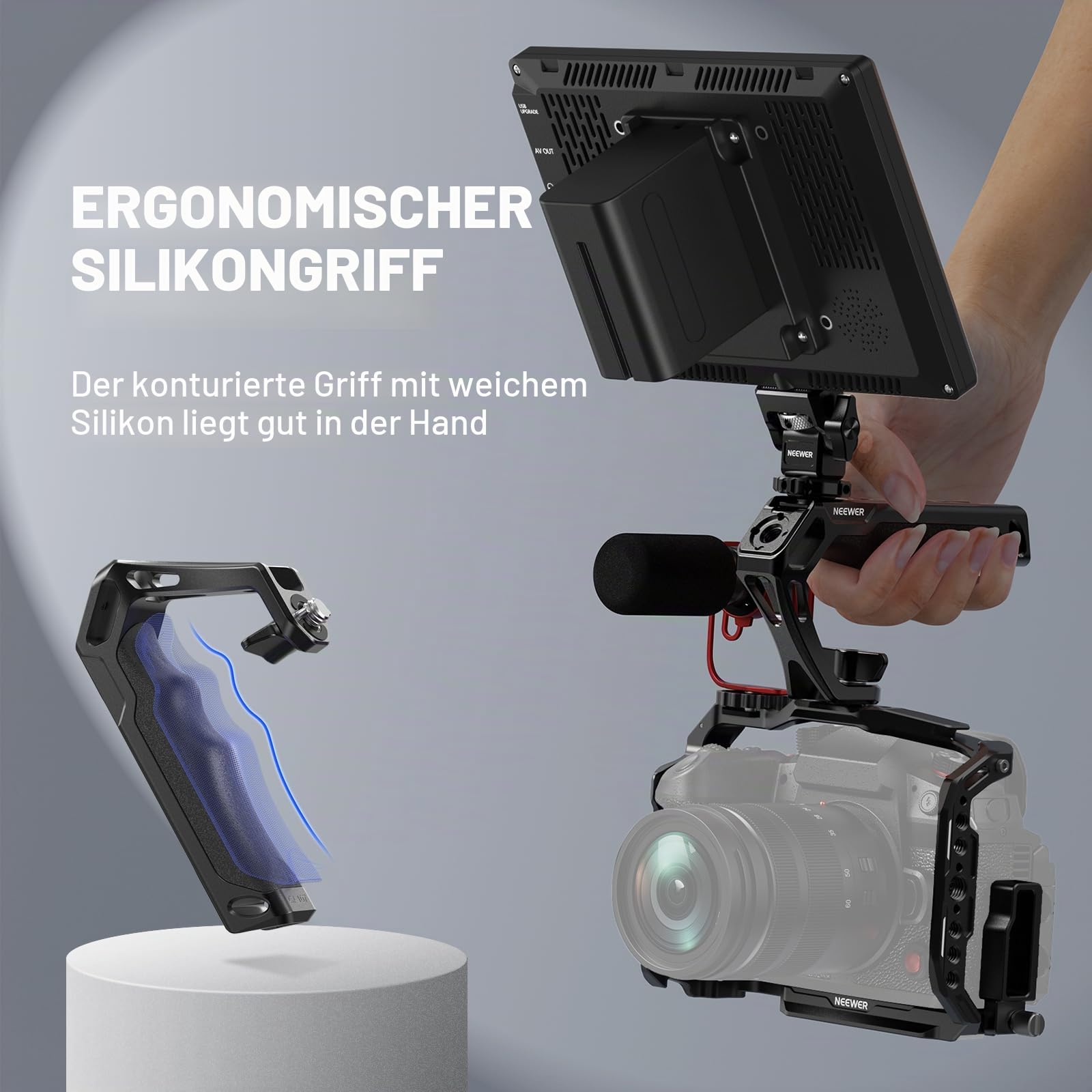 NEEWER Kameragriff mit 9,5 mm Flügelschraube & Locating Pins für ARRI, Rutschfester Silikongriff mit 6,35 mm & 9,5 mm Gewinden, Cold Shoes, kompatibel mit SmallRig Kamerakäfig Zubehör, CA107