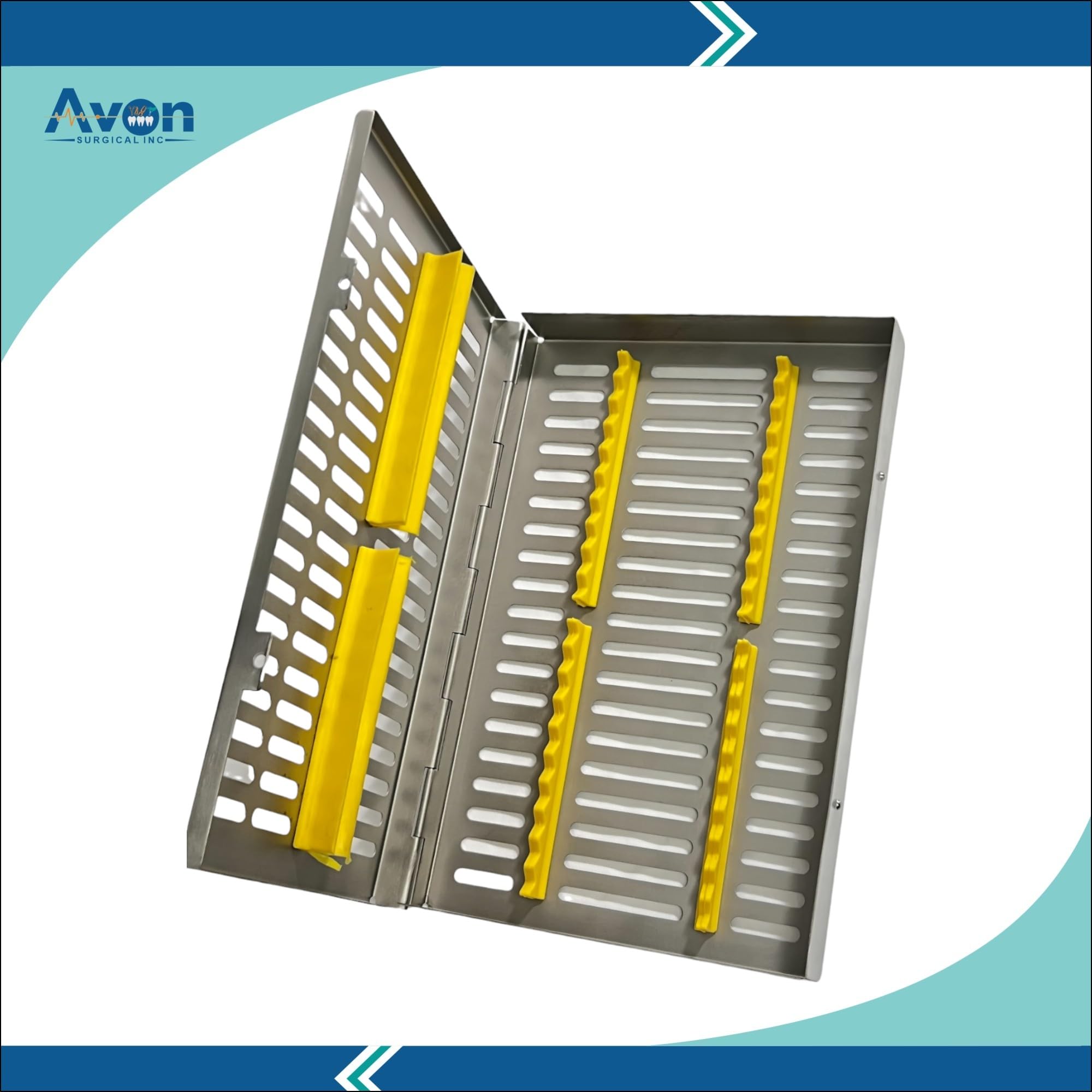 1 EA - Autoclave Cassette Box with Silicone Inserts (Yellow) 11in L x 7in W x 1.25in H | German Steel CE | for 20 Instruments`