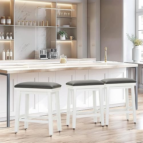 Miniatura 38 de Sophia & William Juego de 4 taburetes de bar de altura de mostrador, modernos taburetes de bar de piel sintética sin respaldo con patas de madera