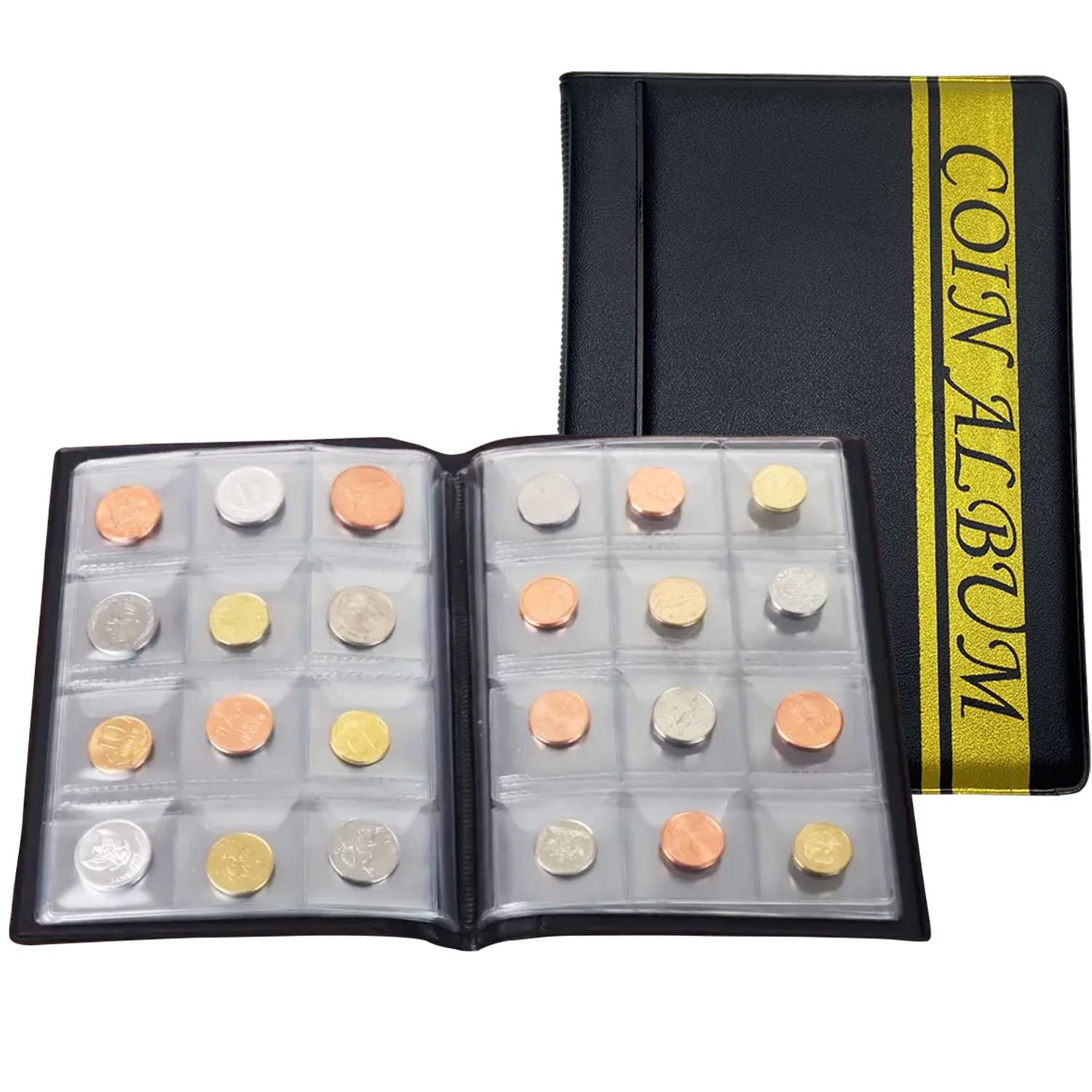 Porta Monete Collezionisti, Raccoglitore Per Monete Con 12 Griglie/Pagina 10 Fogli Adatto Per Monete, Gettoni, Medaglioni, Distintivi, Ecc. (Nero)