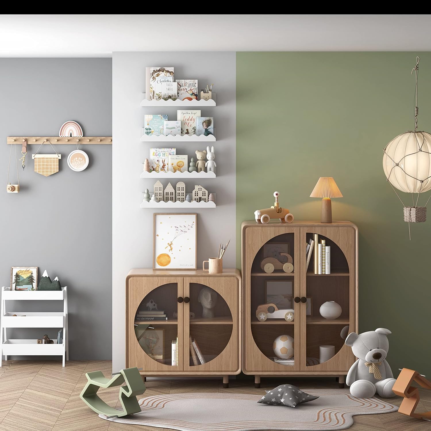 Wandregal Kinderzimmer, 60cm, Massivholz, für Bücher, Spielzeug, Dekoration, Wand-Bücherregal, Hängeregal, Weiß, 4er-Set