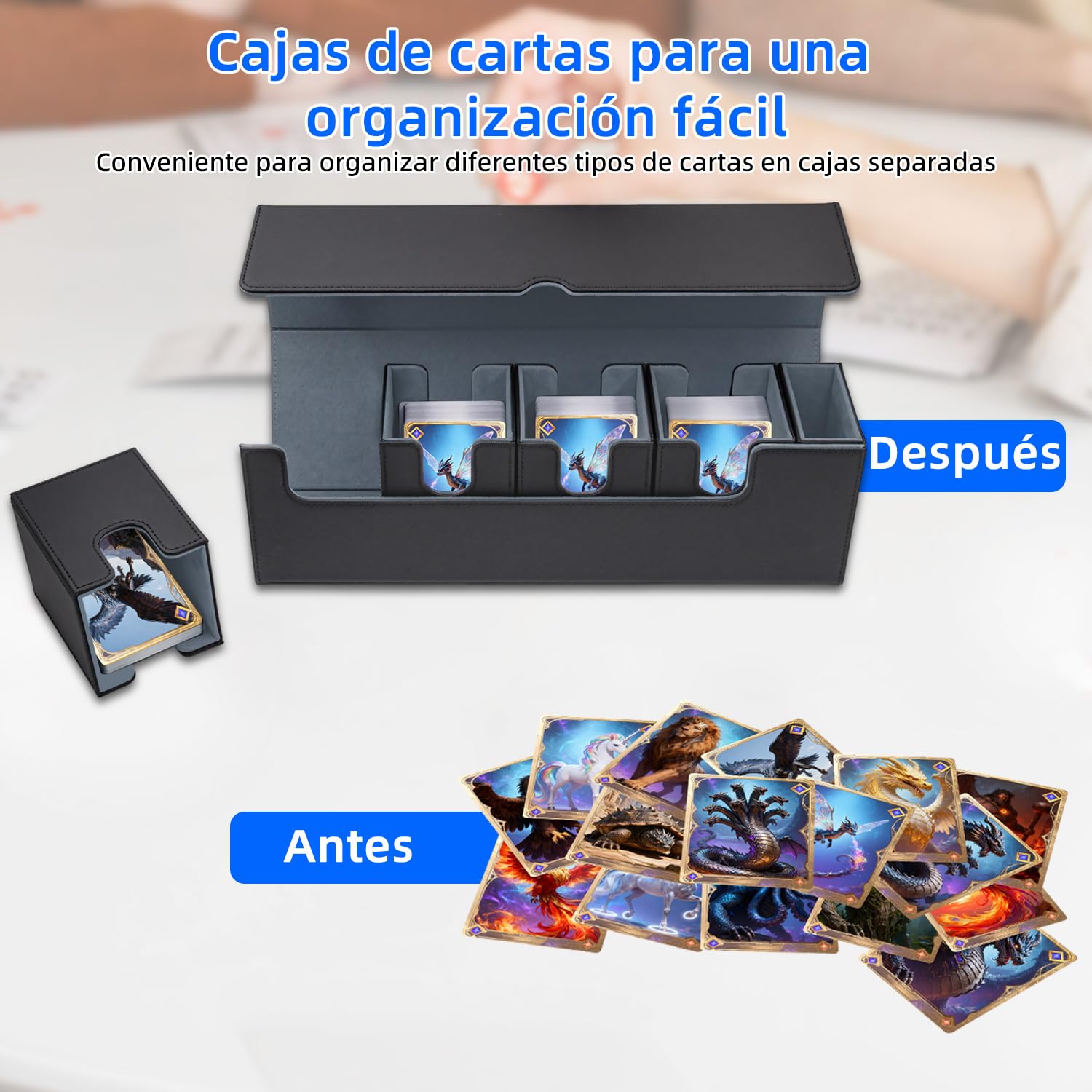 Caja de Tarjetas para MTG, Cajas de Almacenamiento Separadas 5 en 1 para más de 800 Tarjetas, Caja con Tapa magnética de Cuero PU con Bandeja para Dados para Tarjetas Magic Commander TCG Negro