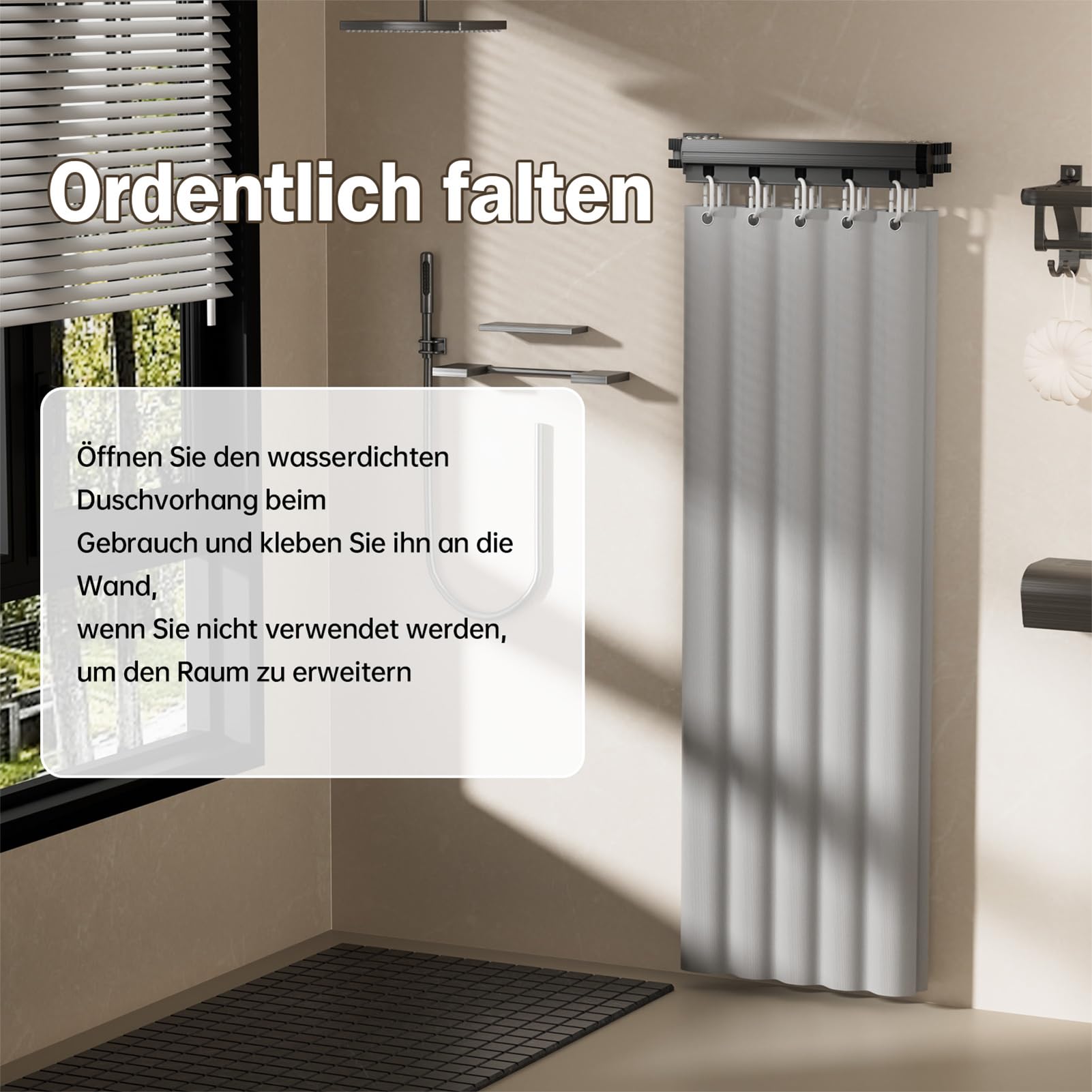Rideau de douche pliable avec tringle à rideau de douche, colle de montage sans clou/perçage avec une perceuse, fonction réglable en angle L/U, rideau de douche imperméable, 4 plis gris