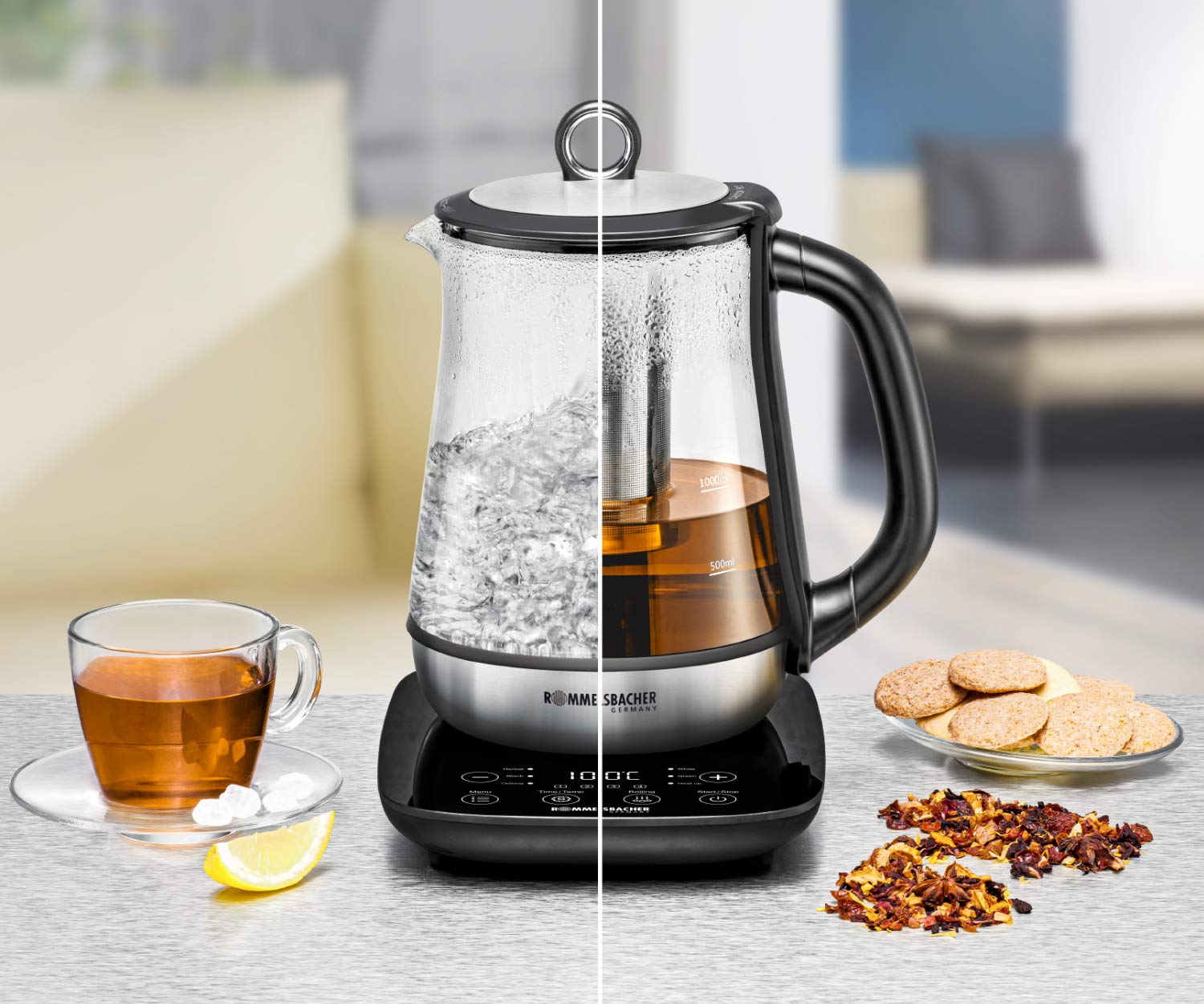 ROMMELSBACHER Tee- und Wasserkocher TA 2000-6 Programme, Temperaturregelung von 50-100 °C, Schnellstart-Taste, Ziehzeit bis 10 Minuten, Warmhaltefunktion, Glaskanne, Edelstahl-Teesieb, 2000 Watt