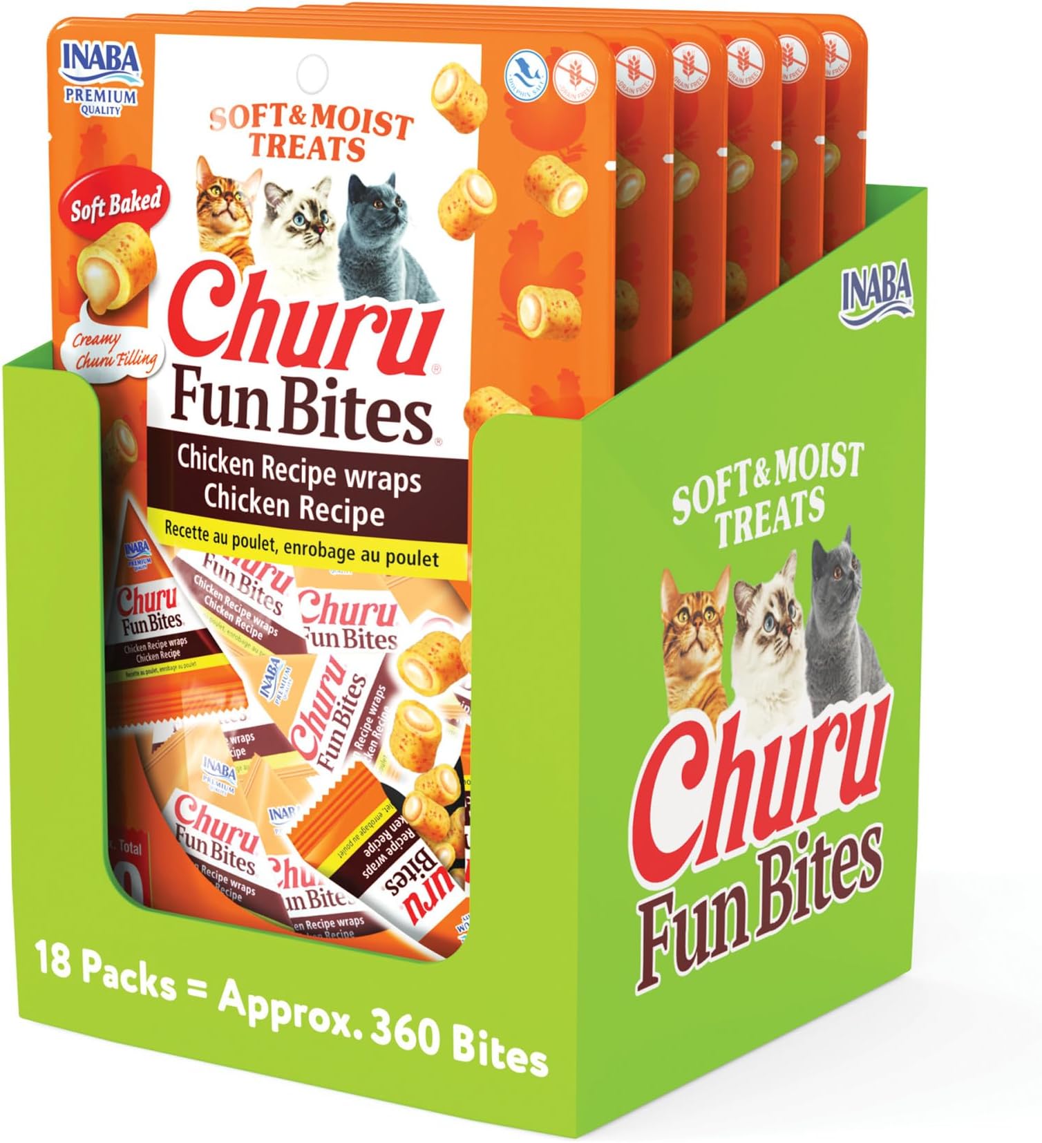 Churu Fun Bites for Cats, Soft & Chewy Cat Treats with Taurine, 0.42 Ounces Each Tetra, 18 Tetras (3 per Bag), Chicken Recipe