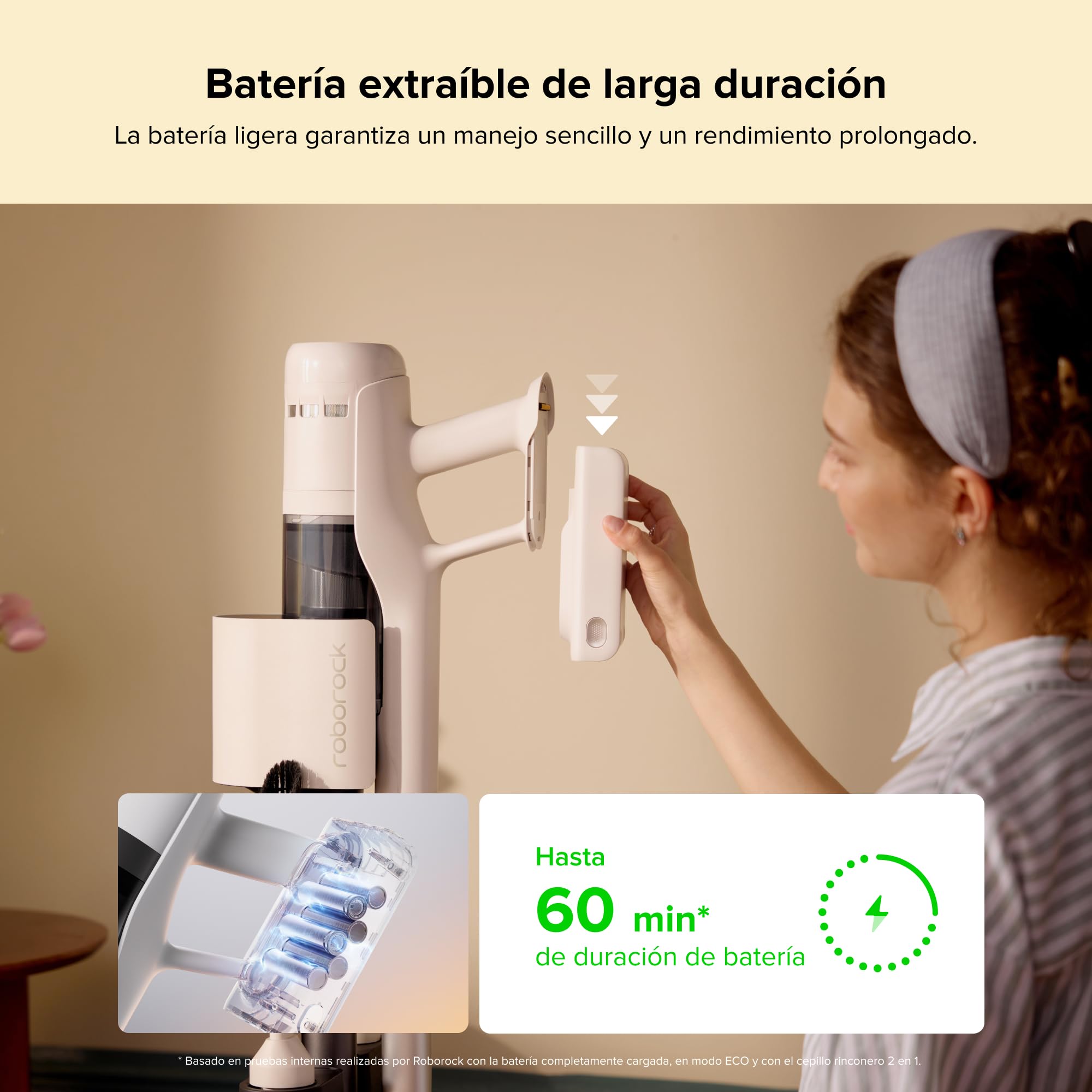 roborock H60 Hub Aspiradora Sin Cable con Base de Vaciado Automático | Batería Extraíble de hasta 60 min, 115 AW para Pelo de Mascotas, Cepillo Antienredos Multisuperficie, Luz LED Verde