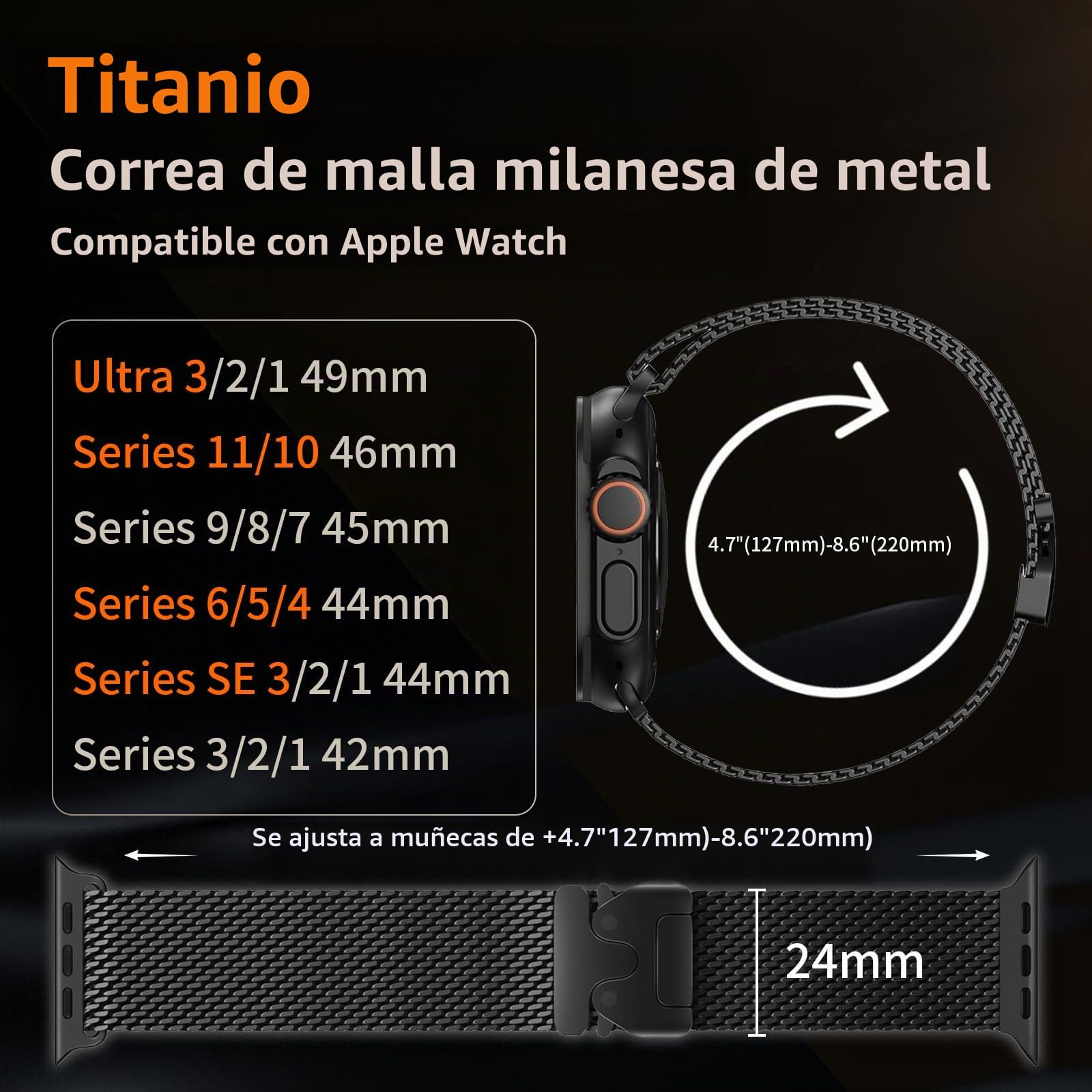 Pulsera Milanese Loop en Titanio Compatible con Correa Apple Watch Ultra 3/2/1 49mm 46mm 45mm 44mm 42mm(Series 3 2 1) Mujeres Hombres, Hebilla Paracaídas Correas Metal para iWatch 11 10 9 SE 8 7 6 5 4