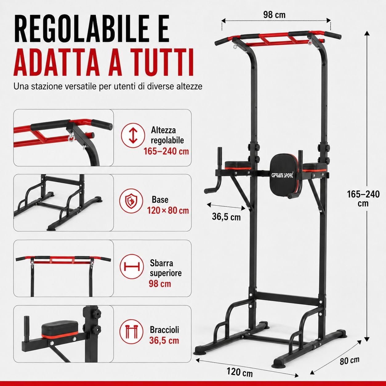 Power Tower Multifunzione Sbarra Trazioni Autoportante Regolabile 165-240 cm, Acciaio, Nero e Rosso, 120x80 cm