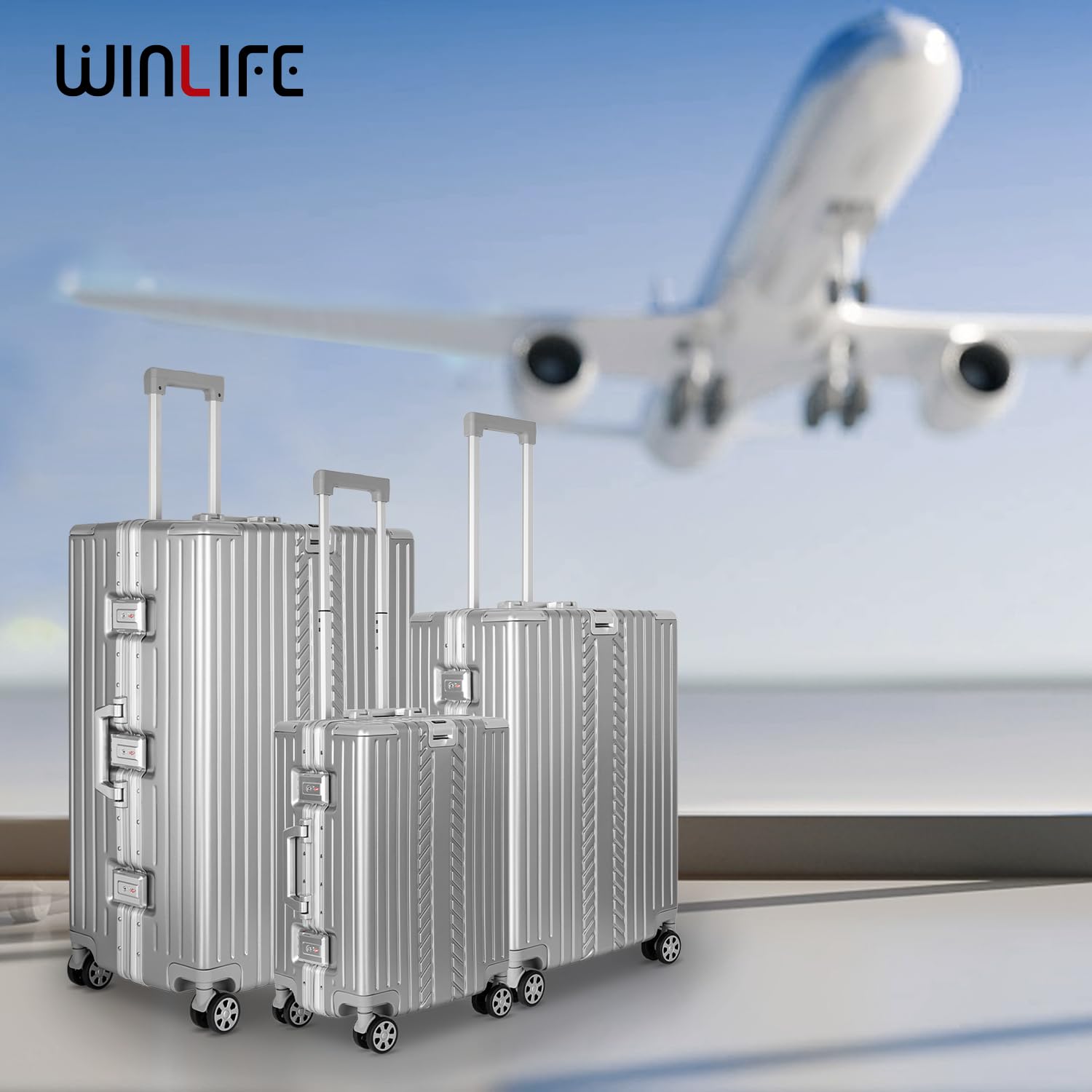 WINLIFE walizka podróżna z twardą powłoką M-53cm, L-65cm, XL-75 cm | Duża walizka ABS na kółkach w kolorze srebrnym | zamek szyfrowy TSA | 4X podwójne kółka 360° | uchwyt teleskopowy | zintegrowany