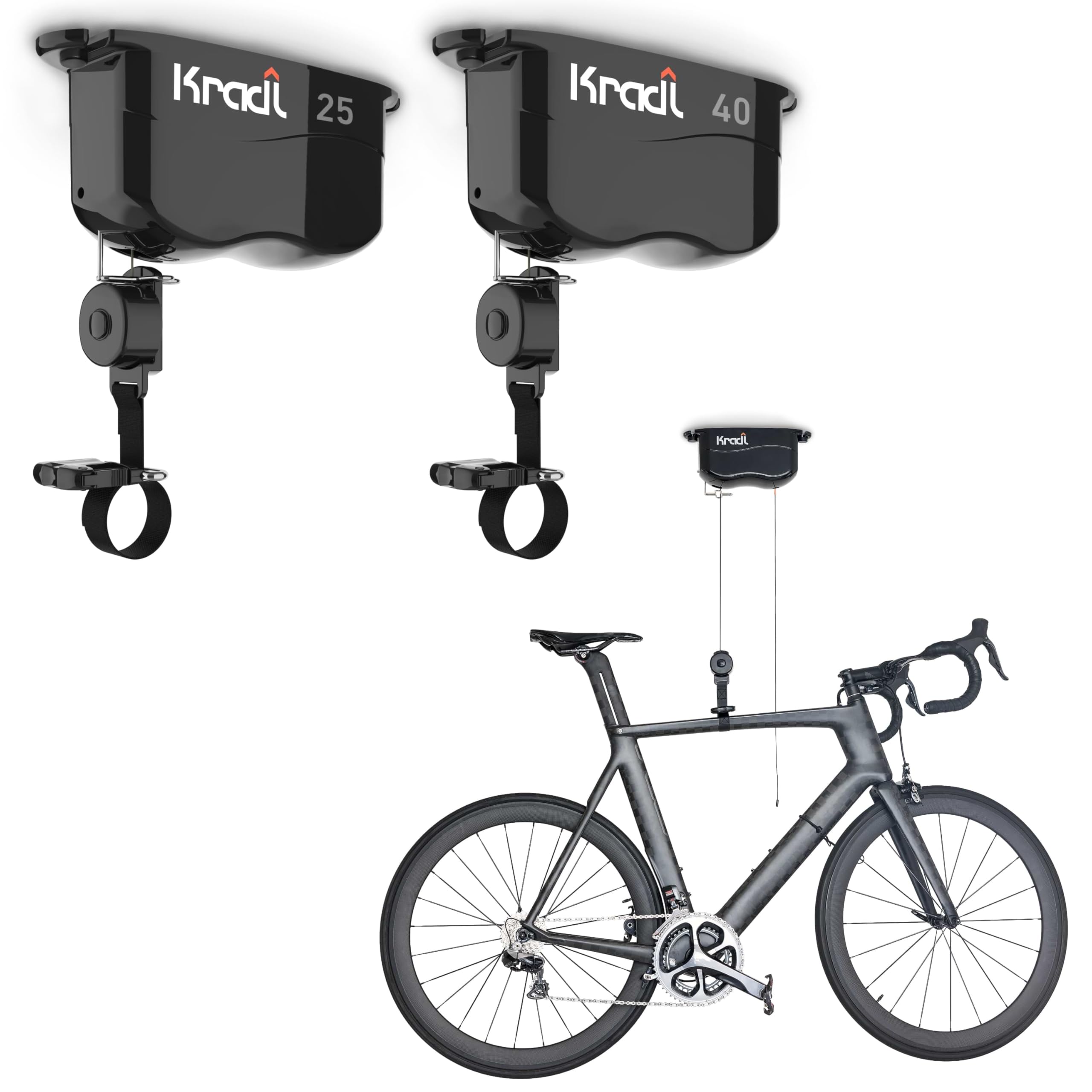 Kradl - Ceiling Mount Bike Lift and Rack. Bicycle Storage Hoist Without Electricity, Clumsy Ropes or Pulleys.