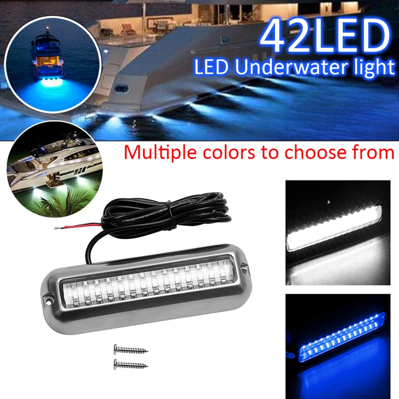 Eclairage Piscine Universal 42 LED Bateau en acier inoxydable TRANSOM CLASSEMENT 50W Luminaires sous-marins Éclairage paysager for accessoires de bateau marin IP68 Étanche Lampe LED Submersible ( Colo