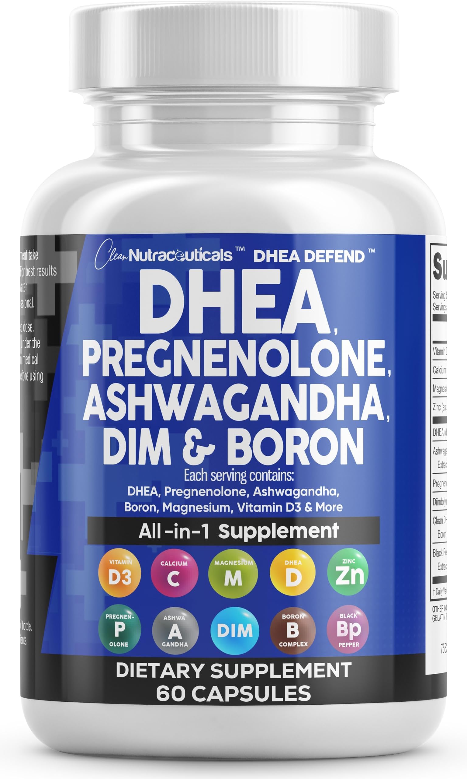DHEA 200mg Supplement Pregnenolone 100mg for Men & Women with DIM Ashwagandha Boron 6mg Complex Calcium Magnesium Zinc 50mg Vitamin D3 5000 IU Hormone Support Capsules Pills Made in USA 60 Count
