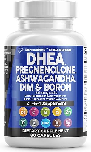 DHEA 200mg Suplemento Pregnenolone 100mg para hombres y mujeres con DIM Ashwagandha Boro 6mg Complejo Calcio Magnesio Zinc 50mg Vitamina D3 5000 iu