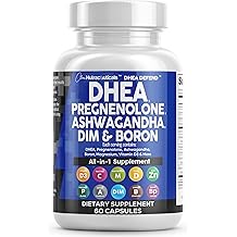 DHEA 200mg Supplement Pregnenolone 100mg for Men &amp; Women with DIM Ashwagandha Boron 6mg Complex Calcium Magnesium Zinc 50mg Vitamin D3 5000 iu Hormone Support Capsules Pills - Made in USA 60 Ct