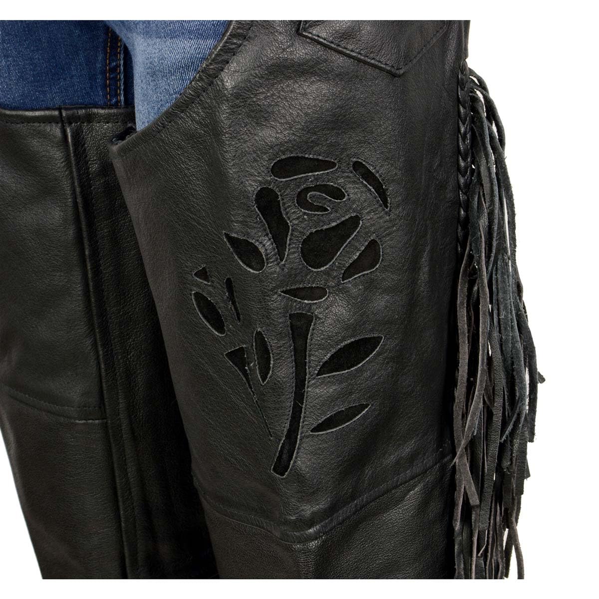 Milwaukee Leather SH1116 Women's Classic Braided & Fringed Black Leather Motorcycle Chaps w/Black Rose Embroidery - 2X-Small