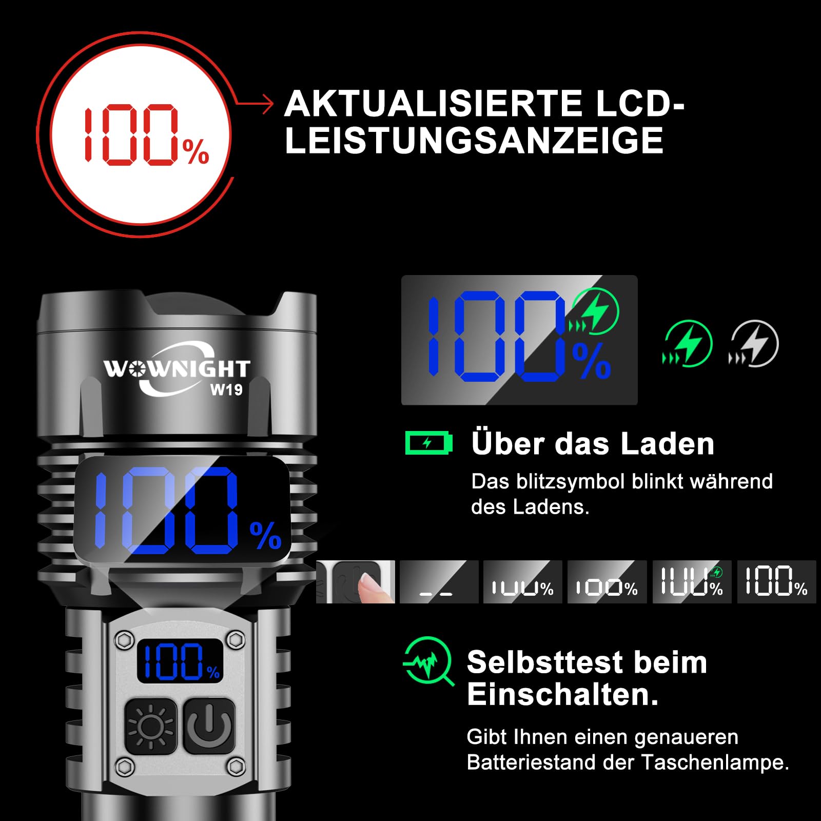 WOWNIGHT Torcia LED Potente Professionale 1000000 Lumens, 50W 2 Interruttori Torcia LED Ricaricabile, IPX6 Torcia Potente Tattica Militare, Infinitamente Dimmerabile Per Campeggio Trekking Emergenza