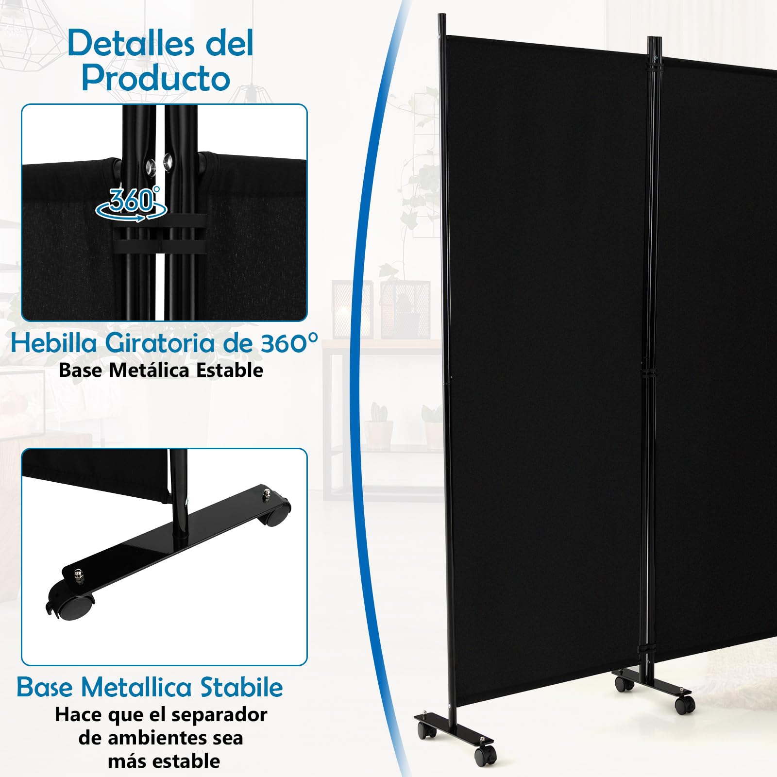 GOPLUS Biombo Separador de Ambientes de 6 Paneles con 14 Ruedas Bloqueables, Biombo Plegable de Tela con Marco de Metal para Privacidad, Divisor para Salón Dormitorio Oficina (Negro)