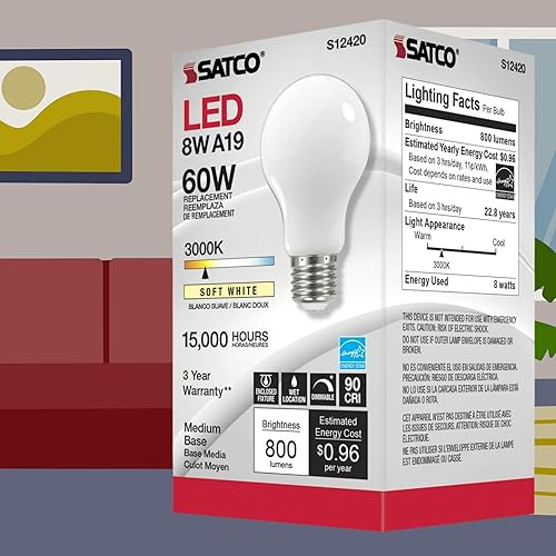 Miniatura 8 de Satco S12420-Bombilla LED A19 de 8.2 W, blanco suave, 90 CRI, 3000K, 120 voltios (paquete de 24)