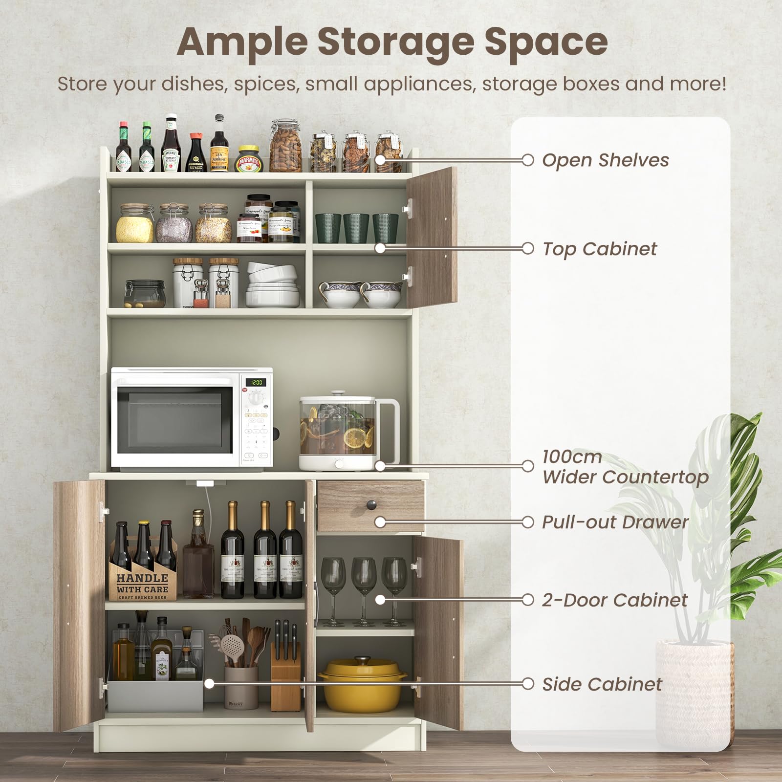 KOMFOTTEU Hochschrank Buffetschrank 180cm, Küchenschrank mit & Kabellöchern, Mehrzweckschrank mit 4 verstellbaren Regalen 3 Schränken, Aufbewahrungsschrank groß für Küche Esszimmer (Weiß)