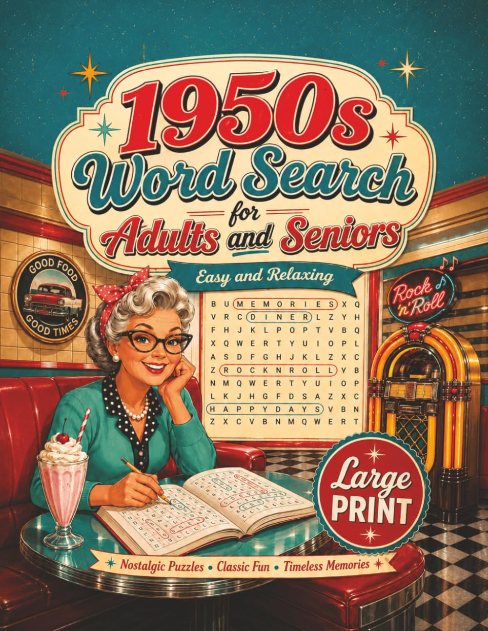 1950s Word Search for Adults and Seniors: Large Print Nostalgia Puzzles with Retro Diner Memories, Rock and Roll, Classic TV, Movies, Cars, and Good Old Days Fun