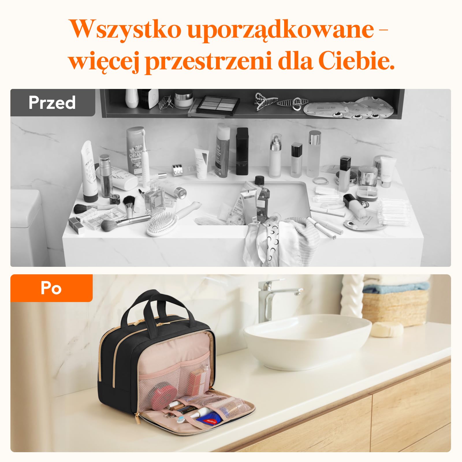 Lifewit Kosmetyczka Damska, Organizer na Kosmetyki Podróżne, Przezroczysta Kosmetyczka na Kosmetyki Pełnowymiarowe, Niezbędne w Podróży Pojemniki do Pielęgnacji Skóry, 10L, Czarny
