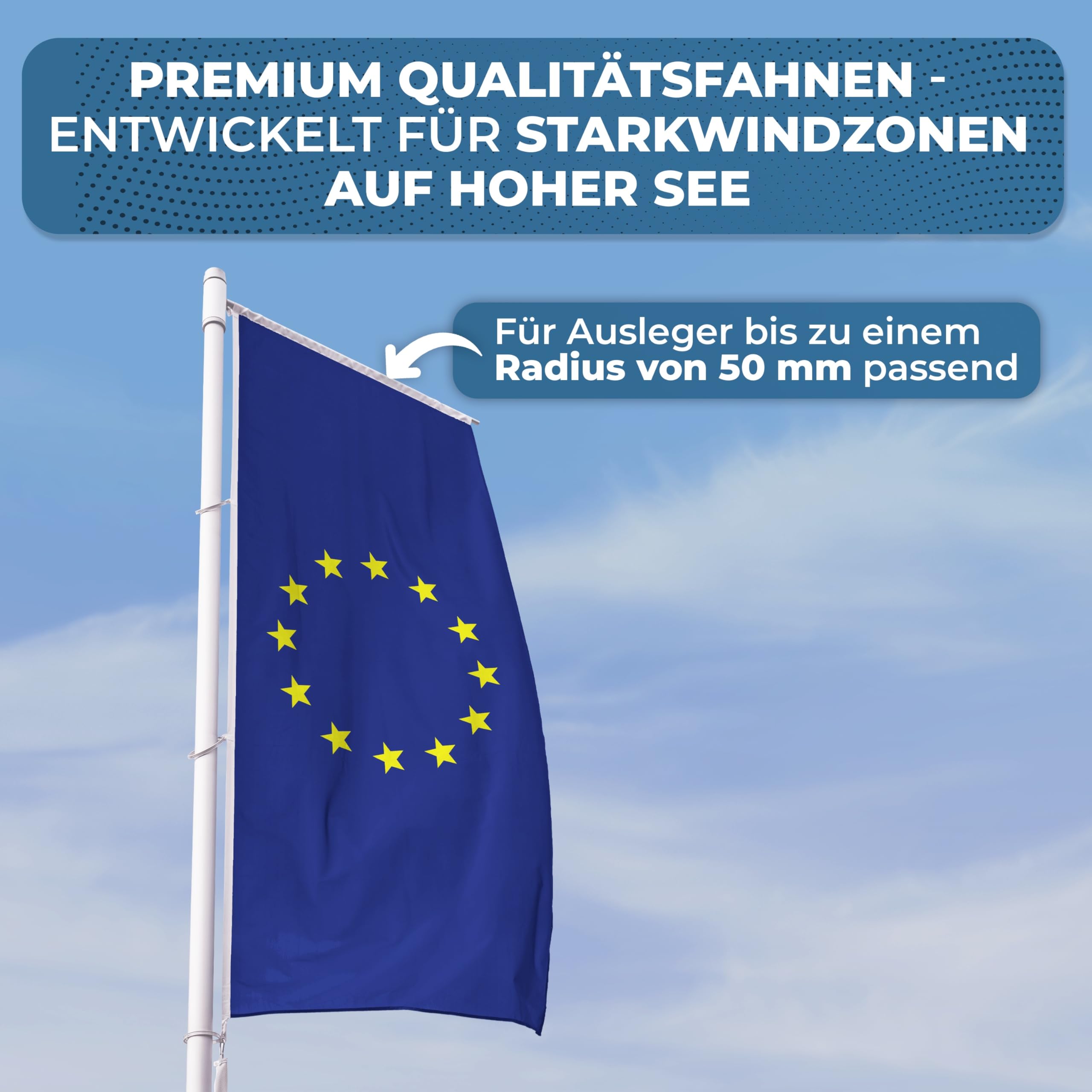 FBS Premium Europa Hissflagge mit Hohlsaum für Ausleger - Wetterfeste Flagge mit Hohlsaum - Europa Fahne - Strapazierfähige EU Fahne aus Spun-Polyester 155g/m