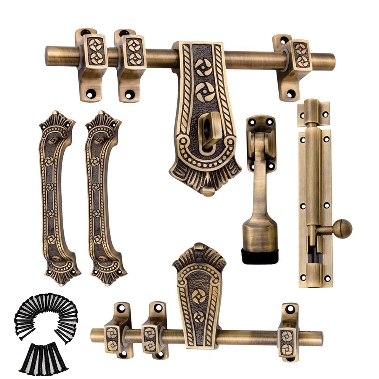 Atom 10 inches Aluminium Single & Double Door Fittings Set | Hardware Accessories Kit, Brass Antique Finish | 1 Big Aldrop 10,1 Small Aldrop 8,2 Handles 6,1 Latch 7,1 Stopper 6(Kohinoor) (B07Y1YGK1H) Amazon Price History, Amazon Price Tracker