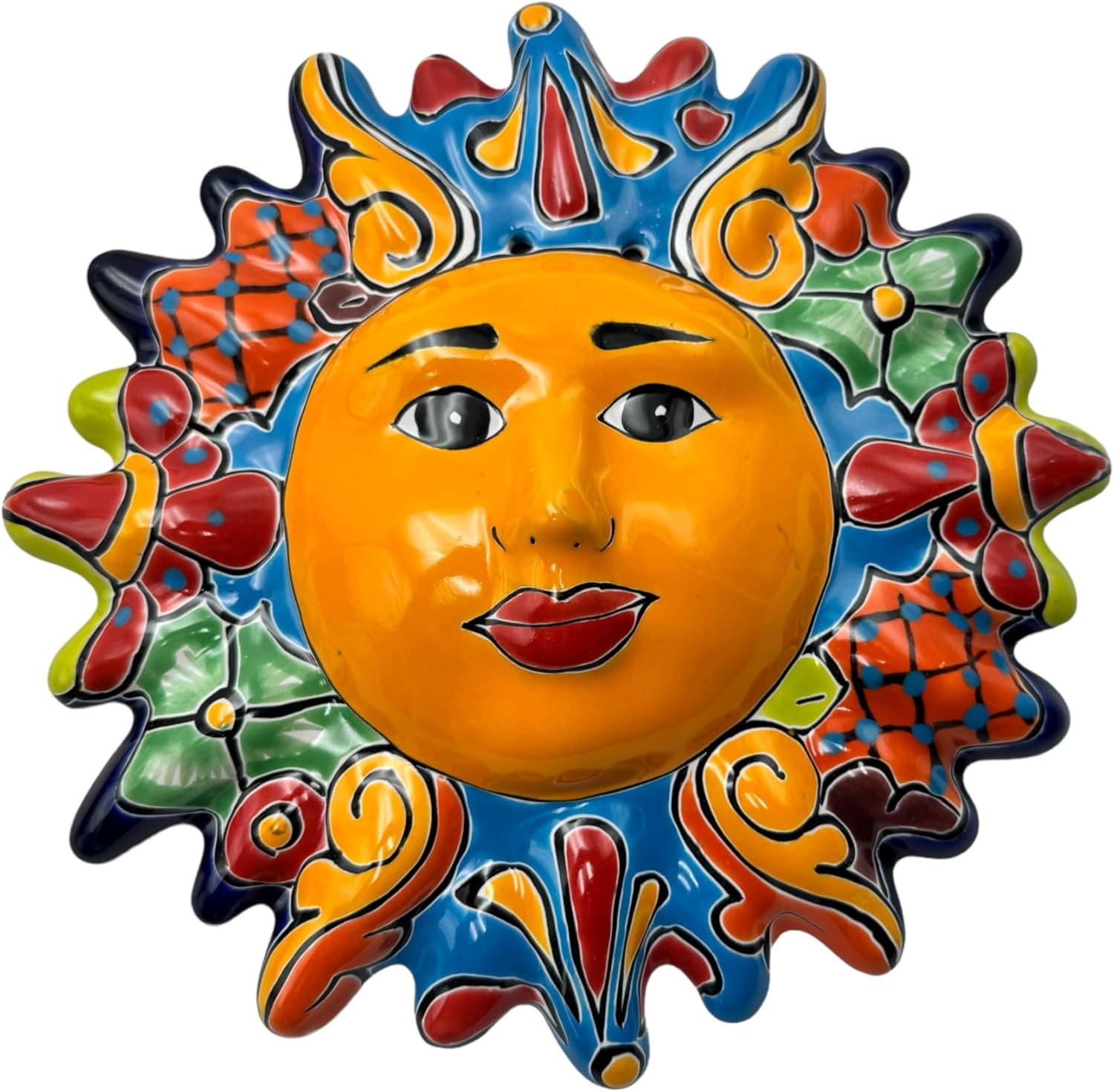Talavera Sun Face Folk Art Multicolor Mexican Pottery Home Decor Hand Painted Handmade Indoor Outdoor Diameter 12 (Multi 15)