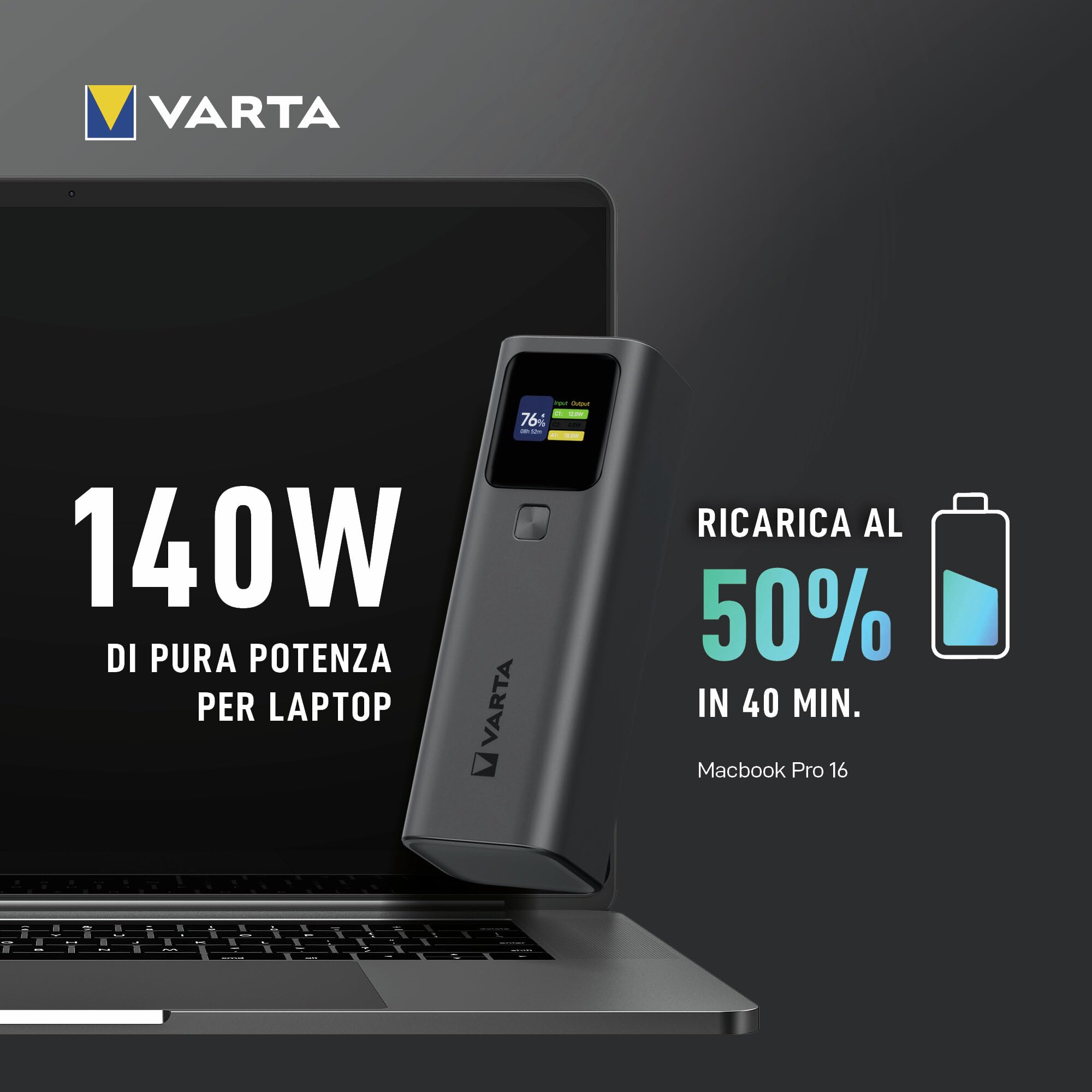 VARTA Powerbank 27000 mAh, High Speed, 140 W alluminio | per Laptop, smartphone, Tablet e Drohne, 2x USB C PD, 1x USB A Quick Charge 18 W, Smart Display, flugtauglich