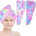 Basumee Microfiber Hair Towel Wrap for Kids 2 Pack Rapid Drying Hair Towel with Button Hair Turbans for Wet Hair Wraps Head Towel Wrap for Women and Girls, Colorful Unicorn