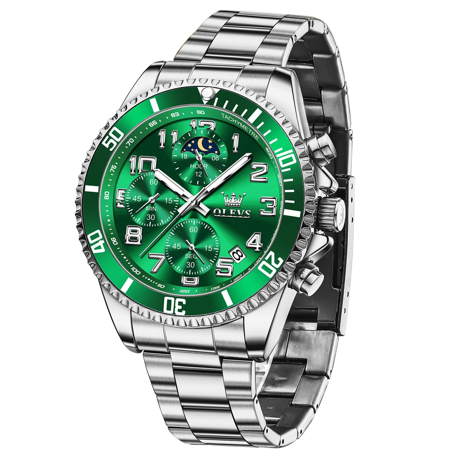 OLEVS Groß Uhr Herren Wasserdicht Leuchtend Edelstahl Mondphase Armbanduhr Herren Analog Chronograph Herrenuhren Arabische Ziffern mit Datum
