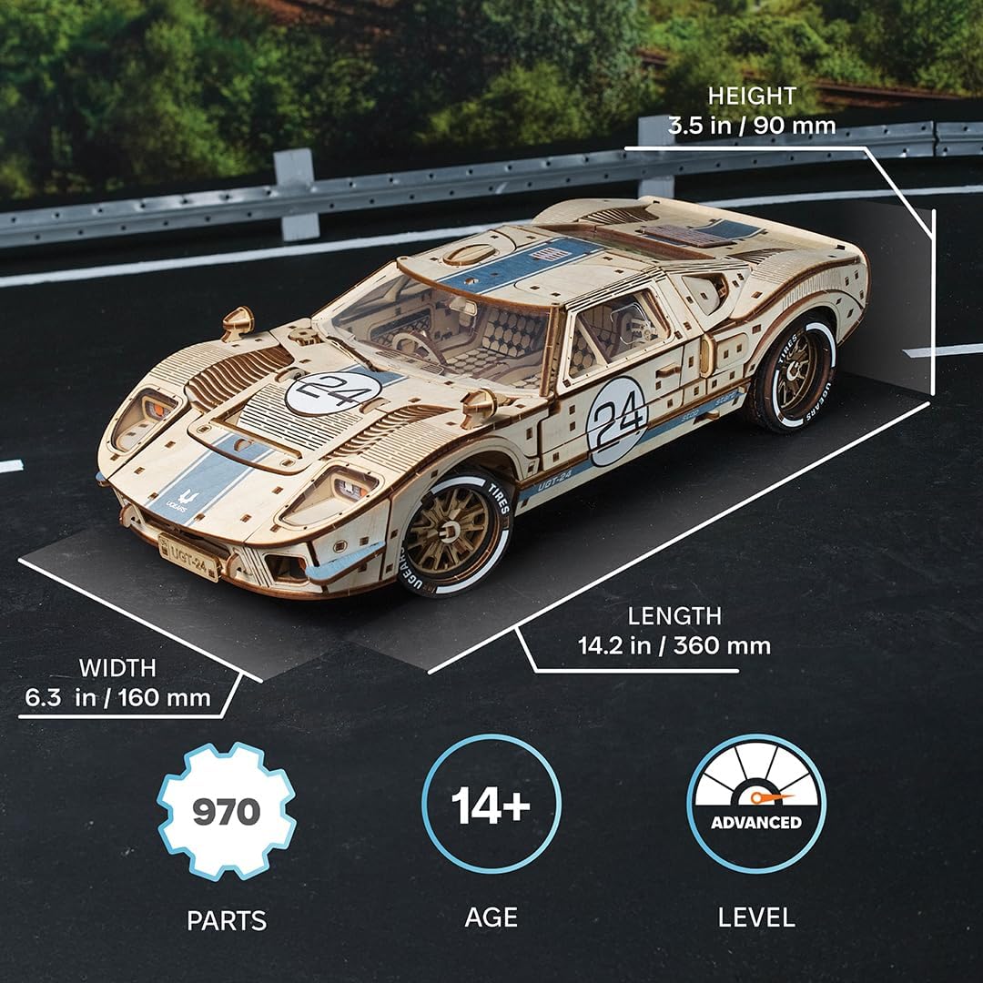 UGEARS UGT-24 Auto da Corsa di Endurance Puzzle 3D - Kit di Modelli Meccanici in Legno in Scala 1:12 da Costruire per Adulti - Kit di Costruzione Modello di Auto Sportiva - 970 Pezzi (Confezione da 2)