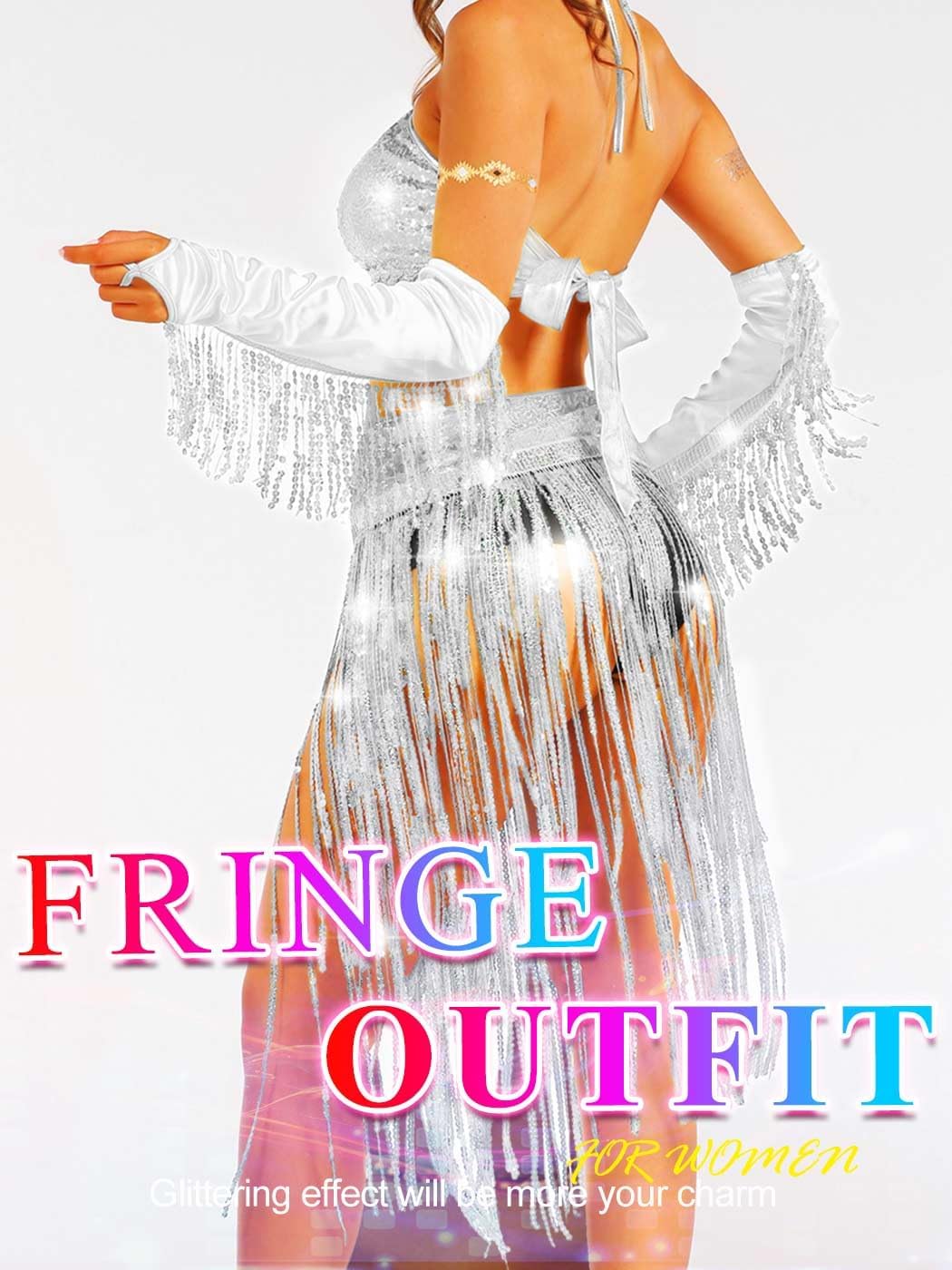 CAKURE Women Rave Fringe Outfits Glitter Sequins Burning Man Outfit Tassel Carnival Cowgirl Costume Set for Women