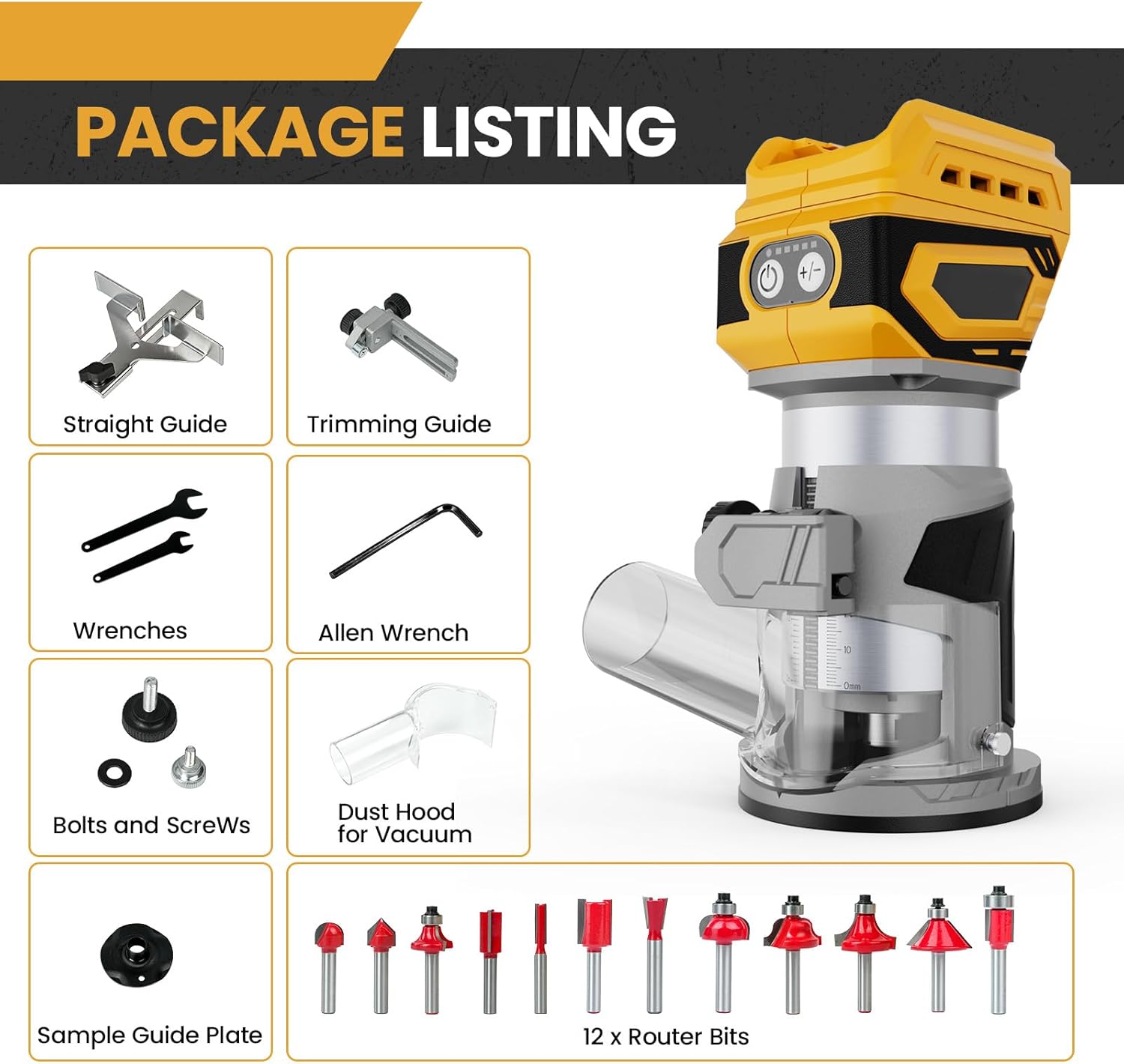 Cordless Brushless Compact Router Compatible with 20V 60V MAX Battery (Bare Tool),Palm Router with 5 Speed,28000RPM 600W w/Fixed Base, 12PCS 1/4" Router Bits for Woodworking, Edge Trimming, Grooving