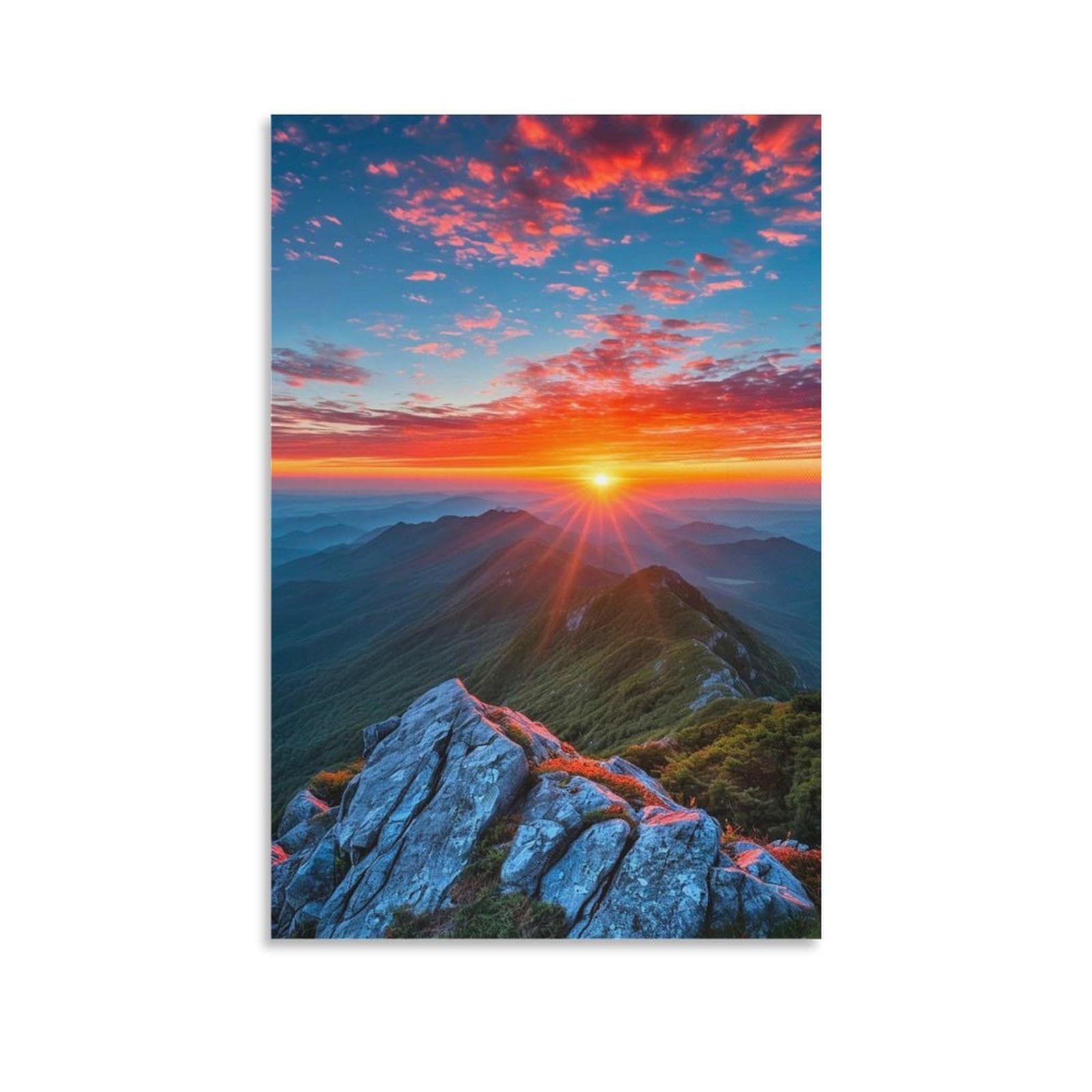 IEJKLUVWX Crimson Mountain Sunset Wall Posters Healing Scenery Premium Canvas Moisture Resistant High Definition for Living Room Above Bed Office Worker Original 08x12inch(20x30cm)