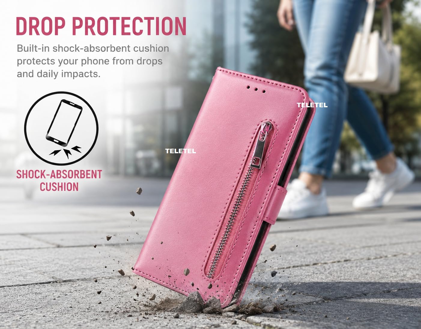 TELETEL for Redmi Note 13 Mobile Zipper Flip Cover Wallet Card Holder Case | Magnetic Lock | Shockproof (Vegan Leather- Pink) 4