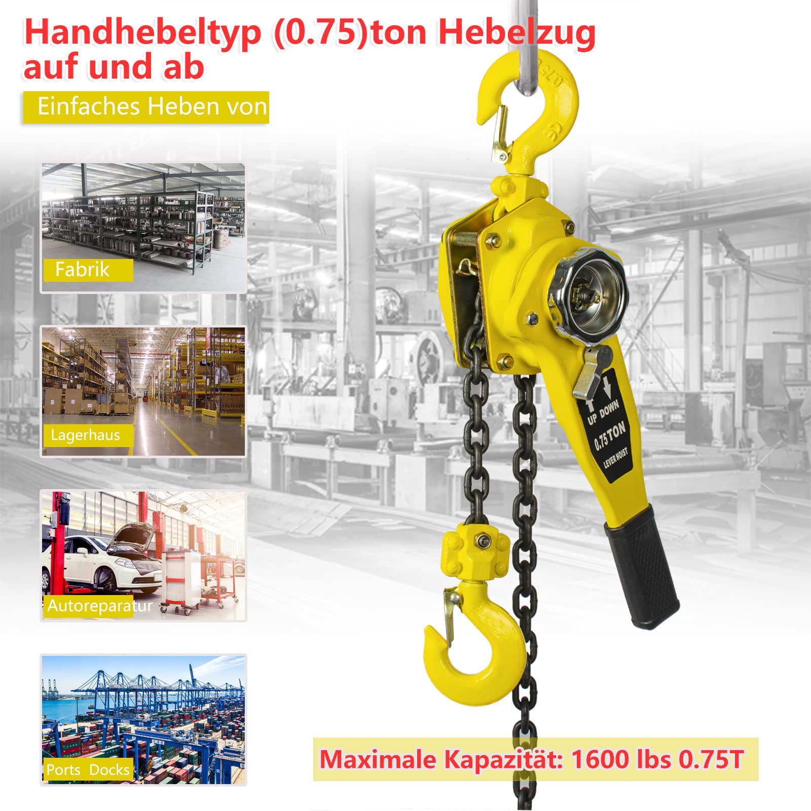 OUUTMEE 0.75T Polipasto de Cadena Manual Brazo de Cadena de 3 M Bloque de Brazo de Bloqueo 1500 KG Polipasto con Rodillo de Desmontaje para Garajes de Almacenamiento