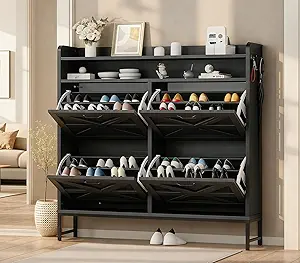 DWVO Dark Rustic Oak Farmhouse Storage Shoe Cabinet with 4-Tier Flip Shoe Storage Cabinet for 24 Pairs, Shoe Organizer with Metal Legs for Entryway, Living Room, Hallway