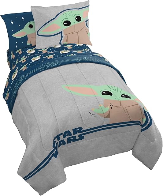 Star Wars The Mandalorian Hello Grogu 5 Piece Twin Size Bed Set - Includes Comforter & Sheet Set - Super Soft Kids Bedding Fade Resistant Microfiber (Official Star Wars Product)