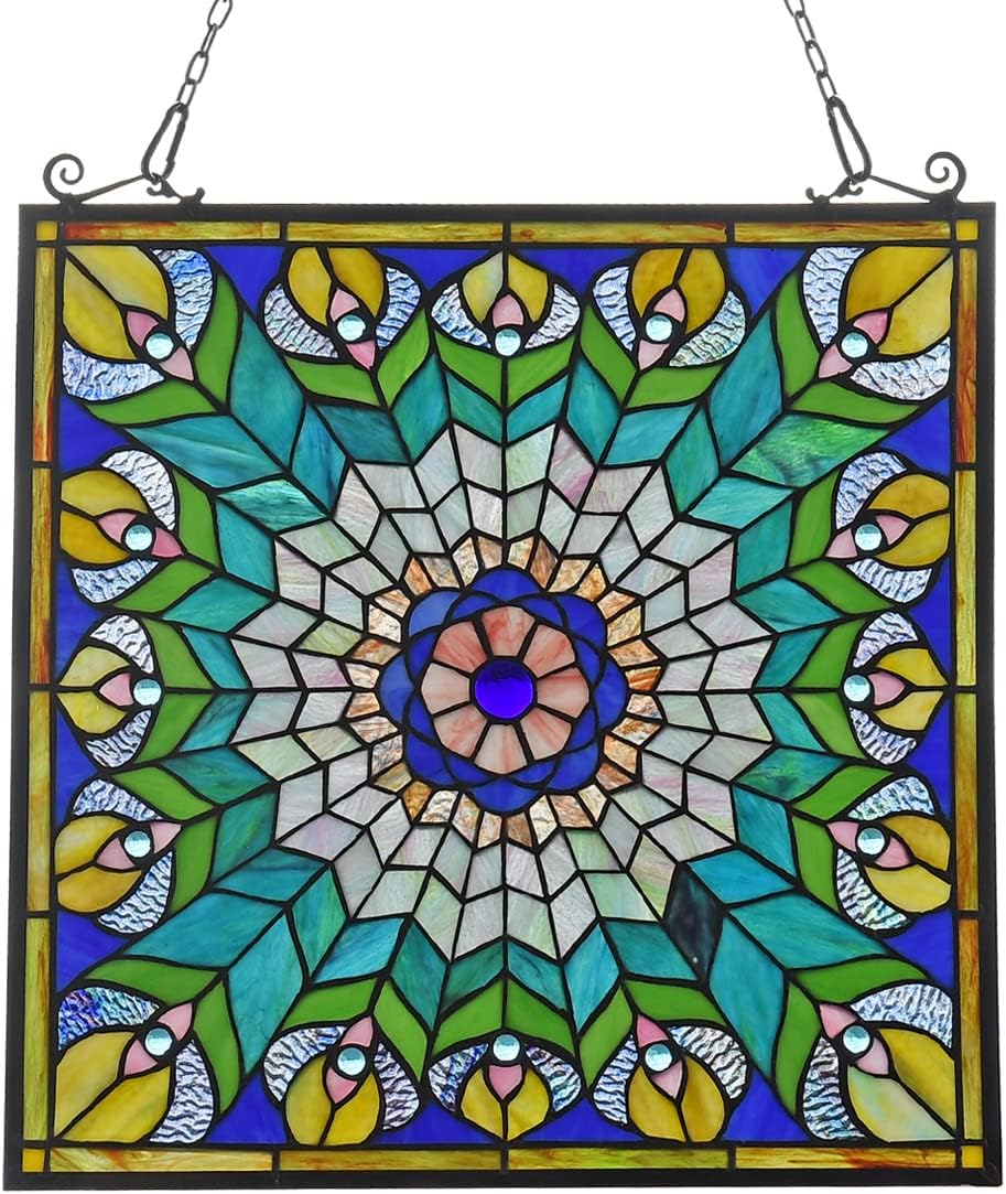 Stained Glass Window Hangings,Peacock Mission Tiffany Glass Window Panel Suncatchers for Home Decor 20" Wide by 20" Height