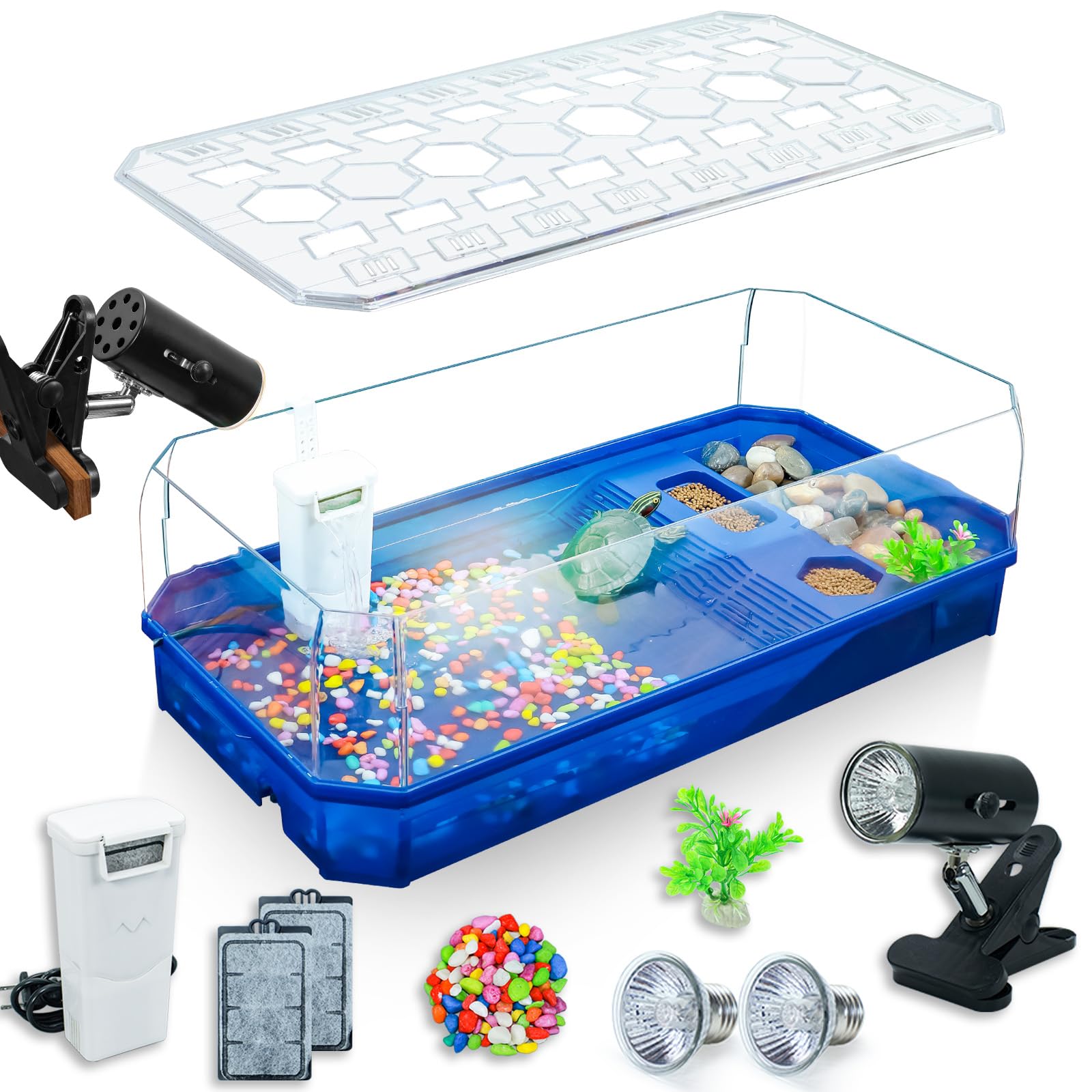 Aquatic Turtle Tank Habitat Kit Stone+Filter+Heat Lamp Enhancing Interaction with 360° Viewing, Standalone Filtration, DIY Creative Zone, Enriched Living (Blue, X-Large[with Light])