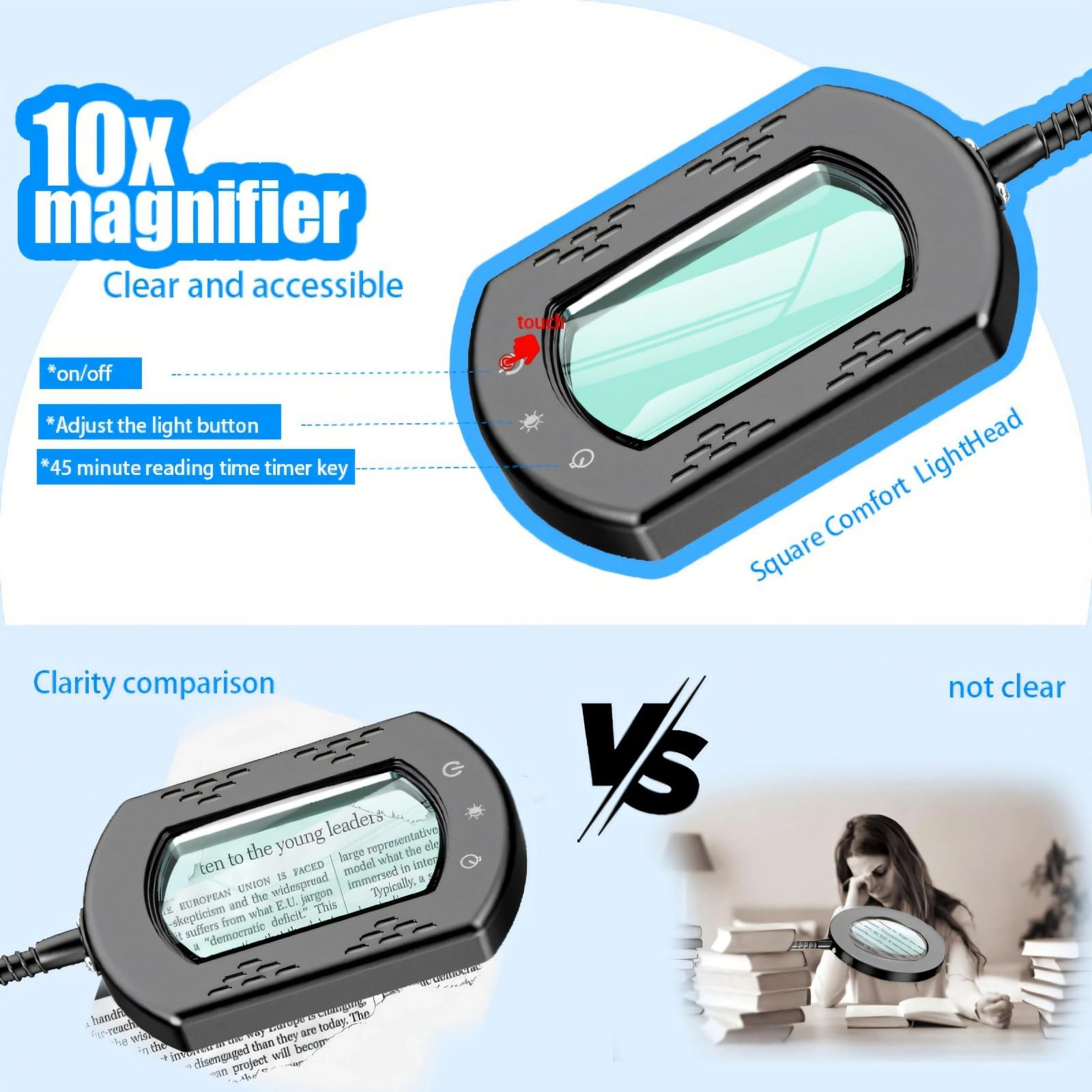 Agrandisseur LED pour accentuer la lumière tactile et le verre visuel transparent pour la lecture nocturne et l'inspection prolongée bijoux magazine
