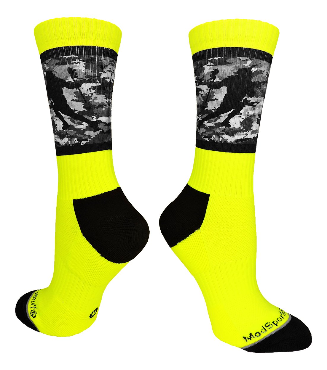 MadSportsStuff Lacrosse Socks with Player on Camo Background Crew Socks (Neon Yellow/Black, Large)