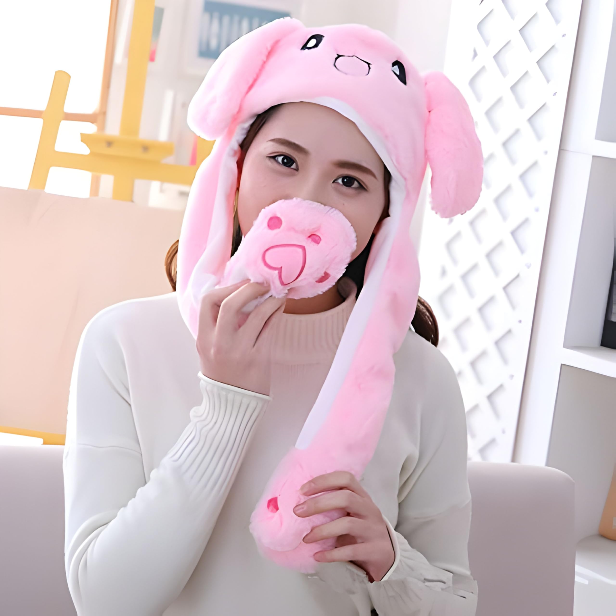 Cartell Bunny Cap with Moving Ears for Girls, Kids & Women | Animated Rabbit Ear Plush Winter Hat with Squeeze Paw | Cute Cosplay Party Gift - pack of 1 4