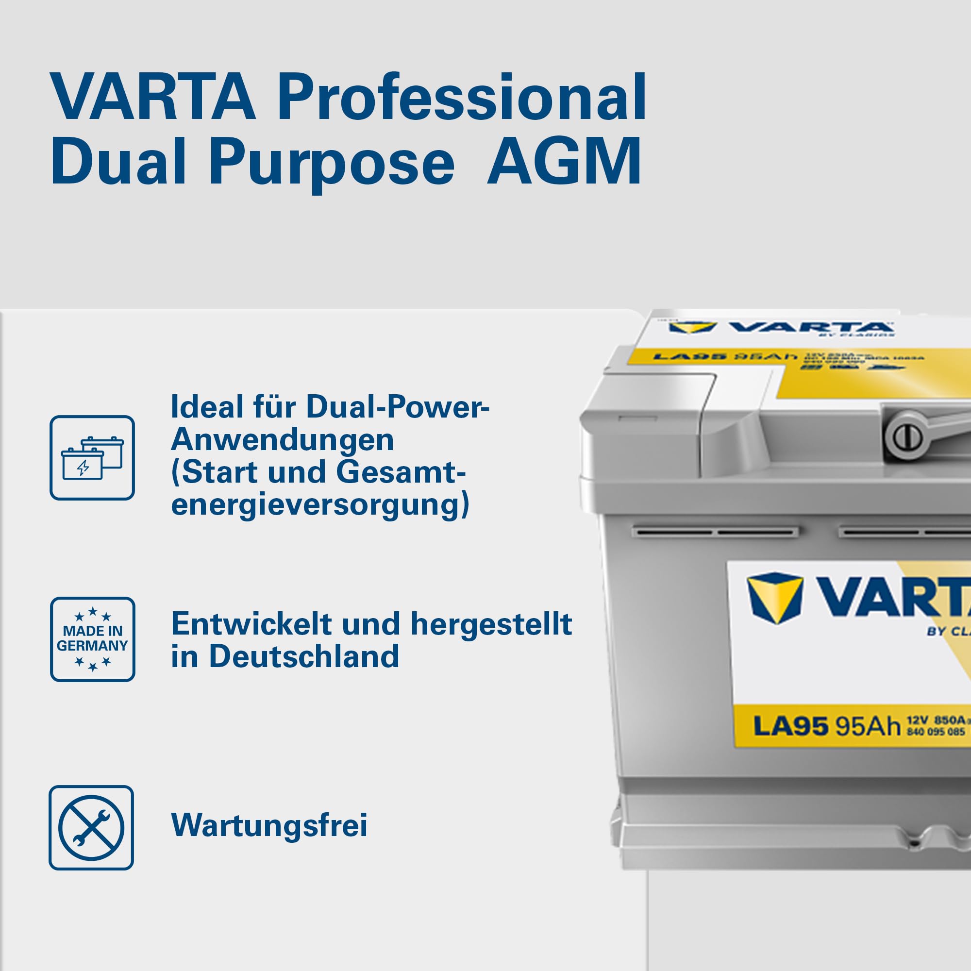 VARTA Professional Dual Purpose AGM (LA95) 12V 95Ah 850A - Nassbatterie für Wohnmobile, Wohnwagen & Boote - Resistente Starter- & Versorgerbatterie hoher Energiebedarf - Bleisäurebatterie wartungsfrei