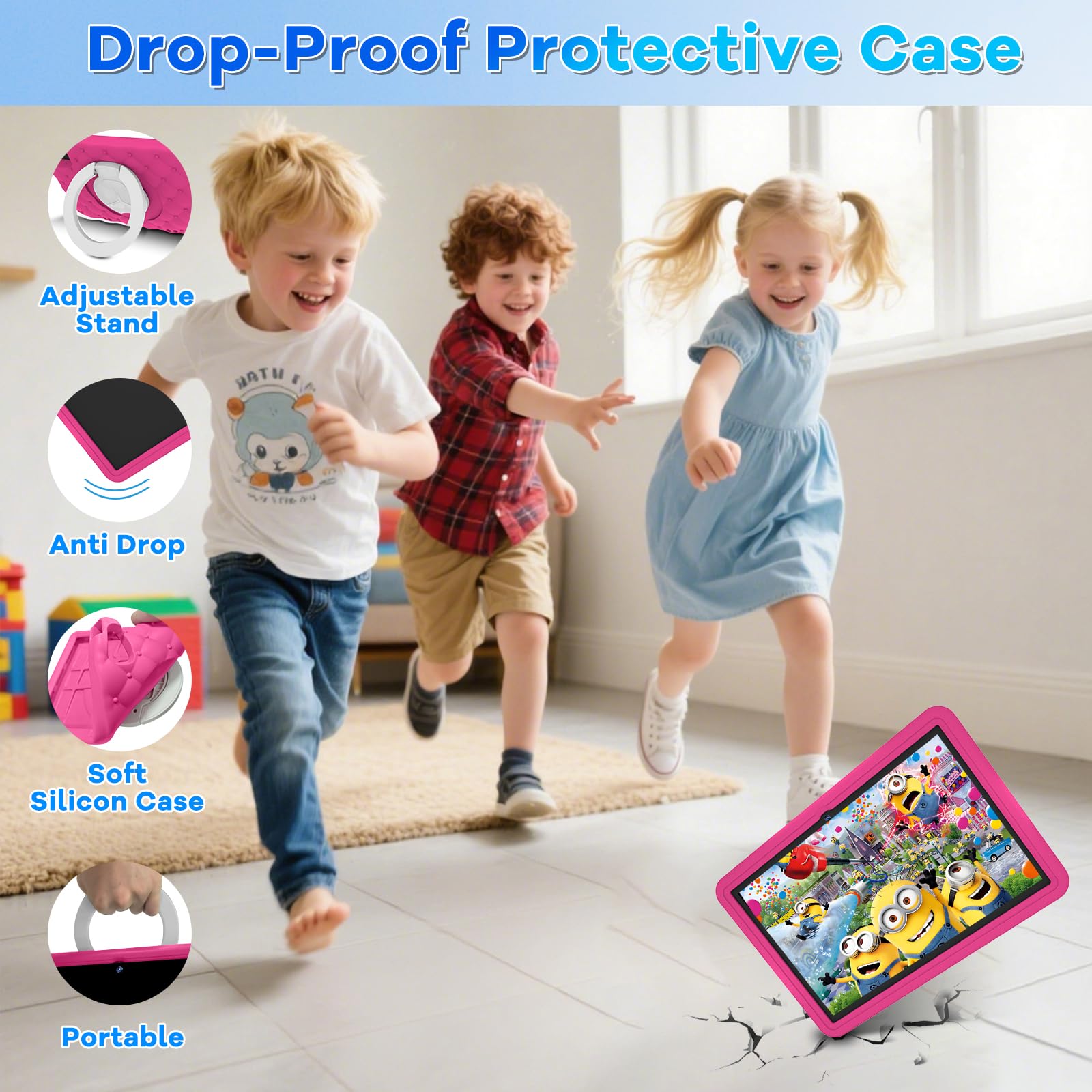 Tablet Bambini 10 Pollici Android 15 con 30GB RAM, 5G Wi-Fi 6, 64GB ROM(2TB), Control Parental, Octa-Core, 8MP+5MP, 6000mAh, Custodia Protettiva EVA + Supporto Girevole a 360°, Rosa