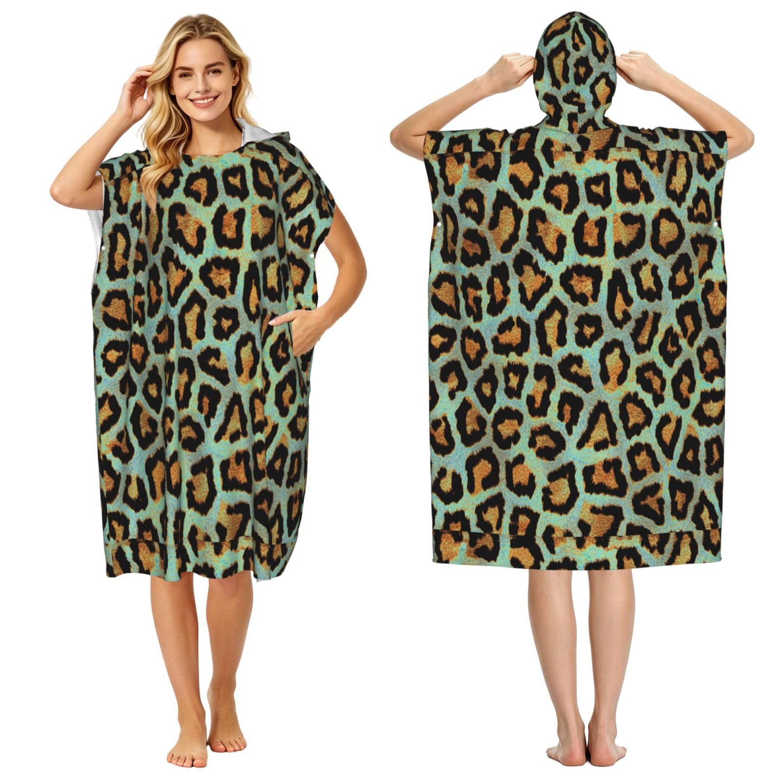 Poadnly Teal Leopard Chic Animal Print, Adult Hooded Beach Towel 90 x 110 cm,Changing Bath Robe, Surf Poncho Towel For Women Men