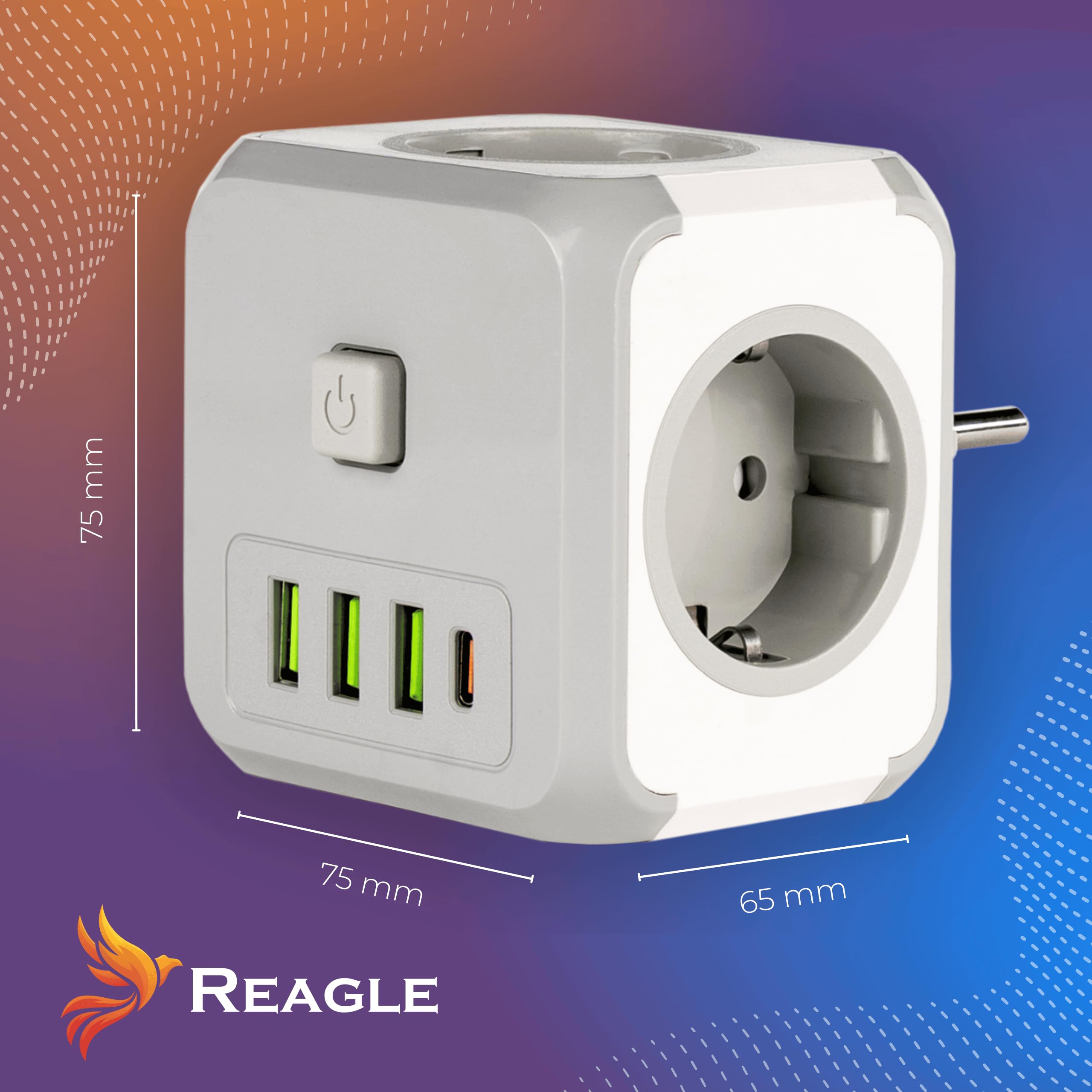 Reagle Listwa zasilająca bez kabla, 3 gniazda z kostką USB-A i USB-C, 2500 W, z przełącznikiem, listwa zasilająca Powercube do biura, domu, podróży