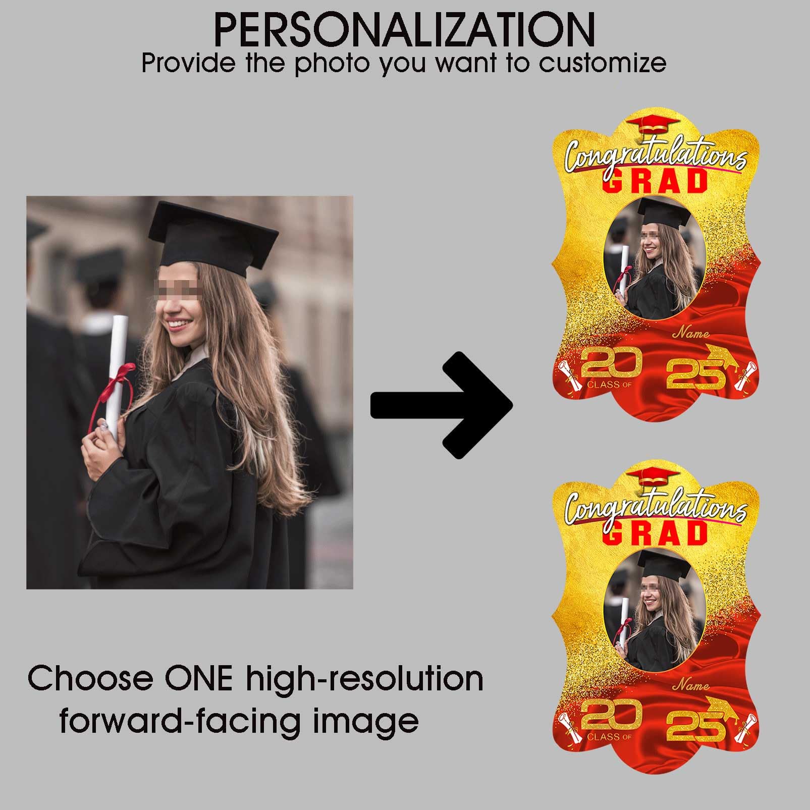 Aubao Personalized Graduation Cutout Face Fans with Photo Double-Sided Face with Handle Class of 2025 Personalized Photo Prop Signs for Graduation (Red and Gold,1PCS)