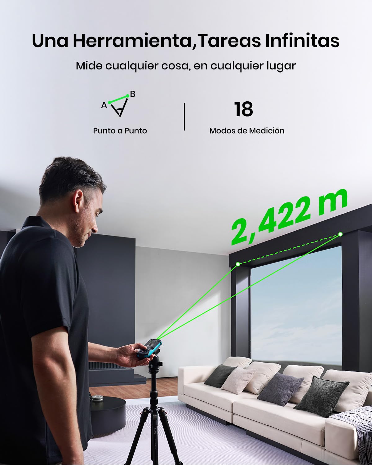 MiLESEEY S50 Metro Laser con Rayo Verde, 120 m Medidor Laser, P2P Medidor Laser Distancia, Alineación Láser Lateral, Recargable, 6,1 cm IPS-Display, Interior Exterior